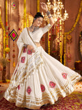 White Viscose Rayon Mirror Thread Embroidery Navratri Lehenga Choli