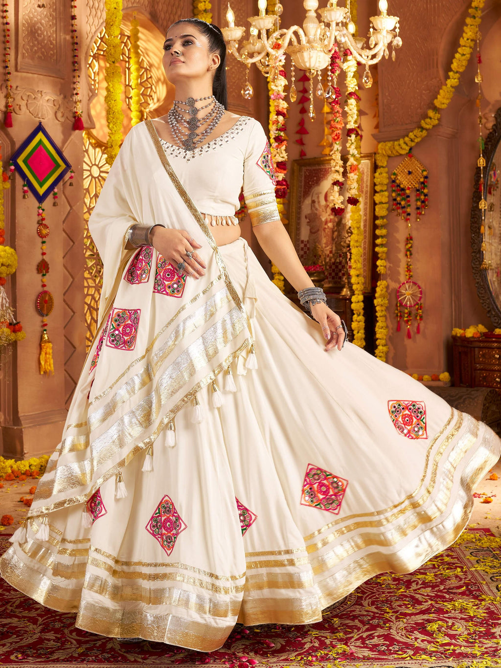 White Viscose Rayon Mirror Thread Embroidery Navratri Lehenga Choli