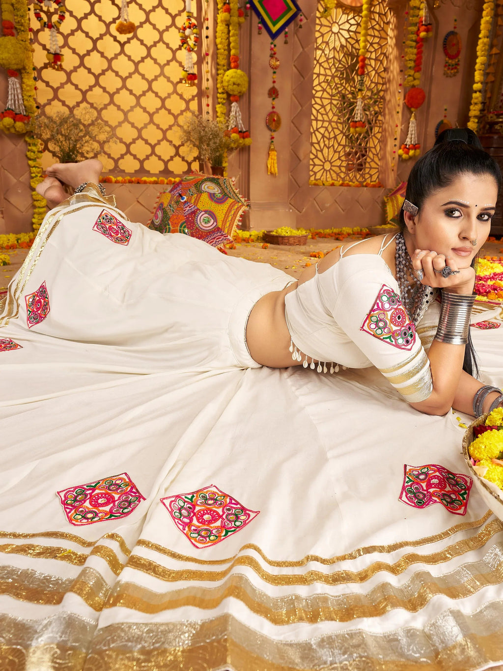 White Viscose Rayon Mirror Thread Embroidery Navratri Lehenga Choli