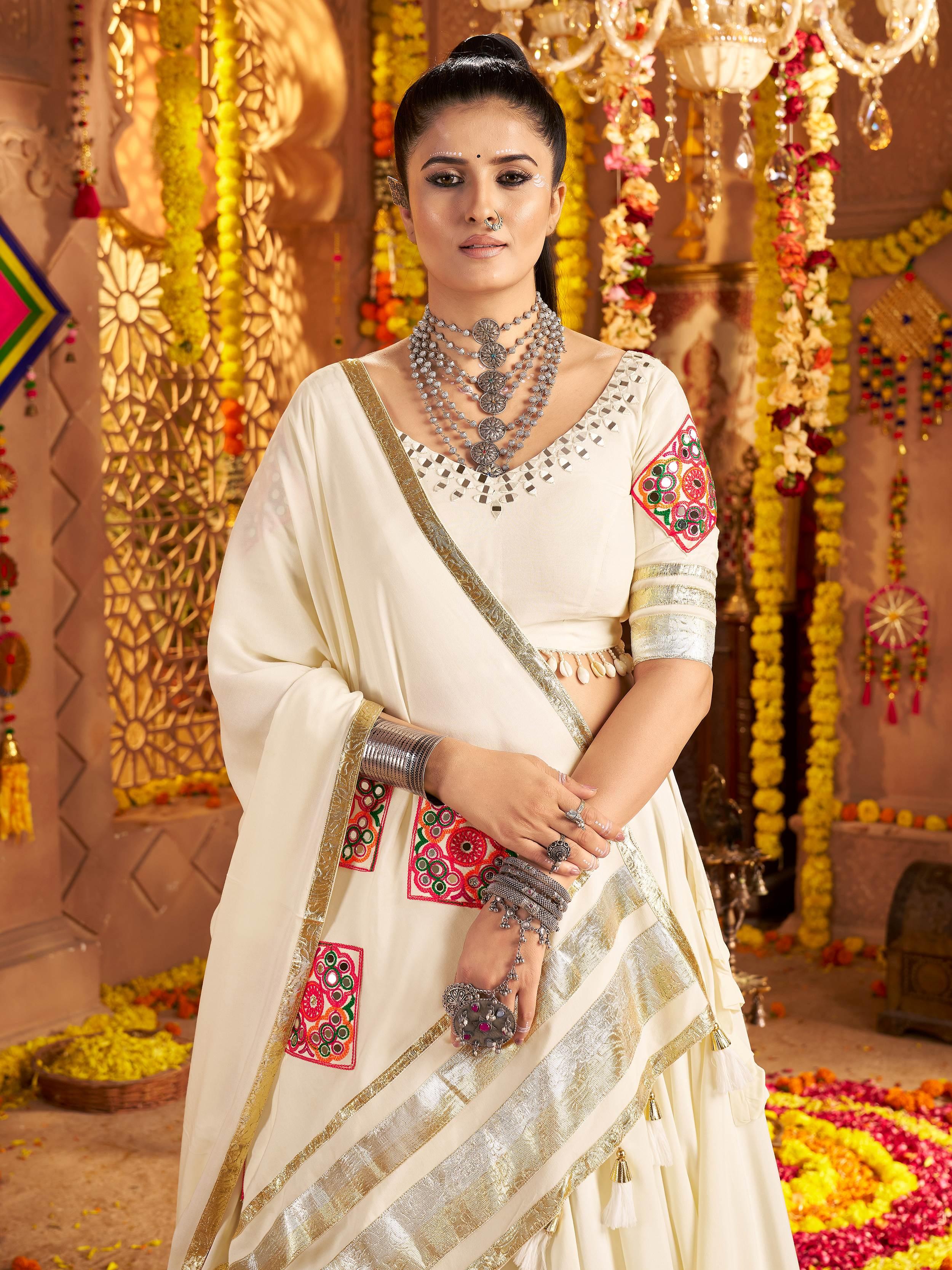 White Viscose Rayon Mirror Thread Embroidery Navratri Lehenga Choli