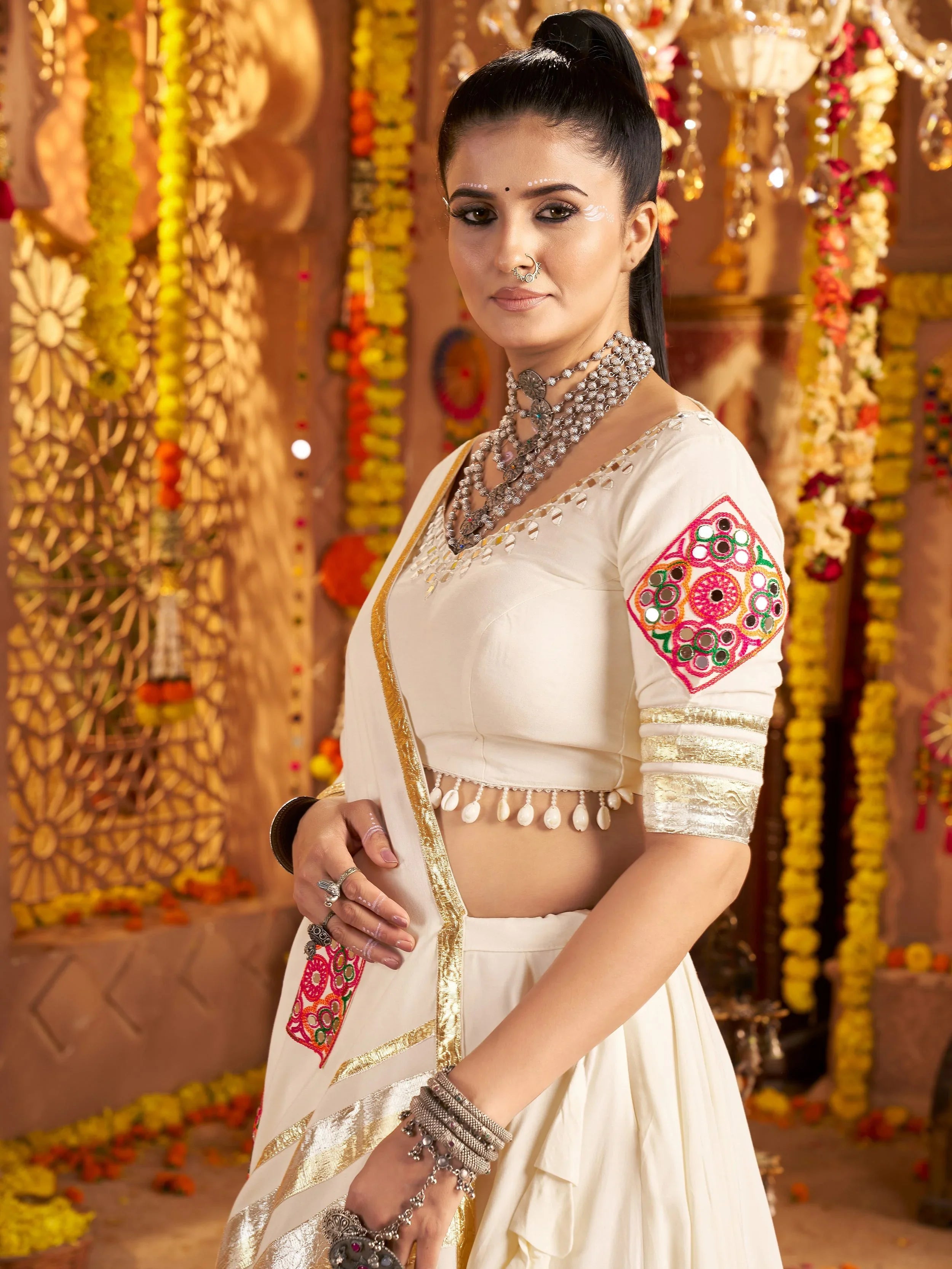 White Viscose Rayon Mirror Thread Embroidery Navratri Lehenga Choli