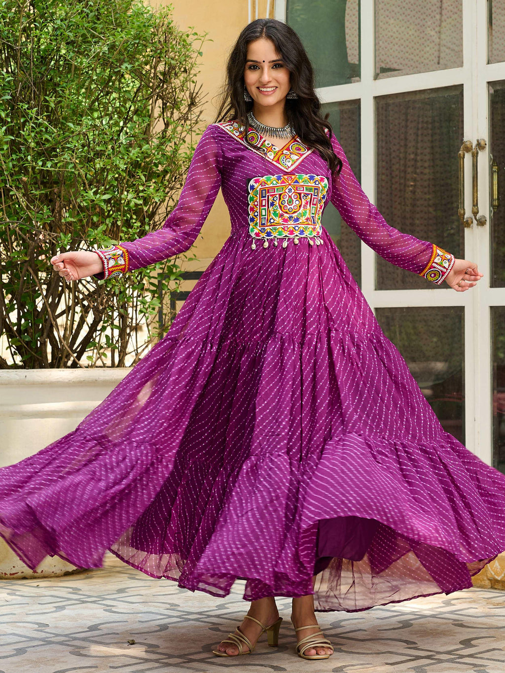 Wine color Laheriya print georgette Kutchi patchwork Navratri gown