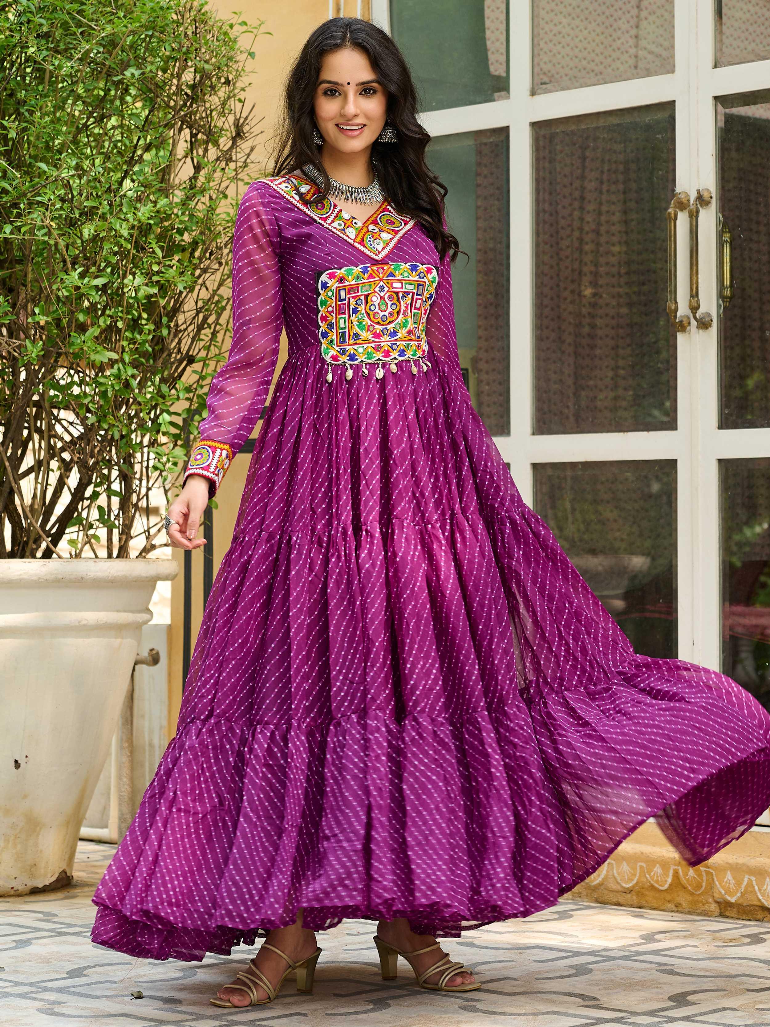 Wine Color Laheriya Print Georgette Kutchi Patchwork Navratri Gown