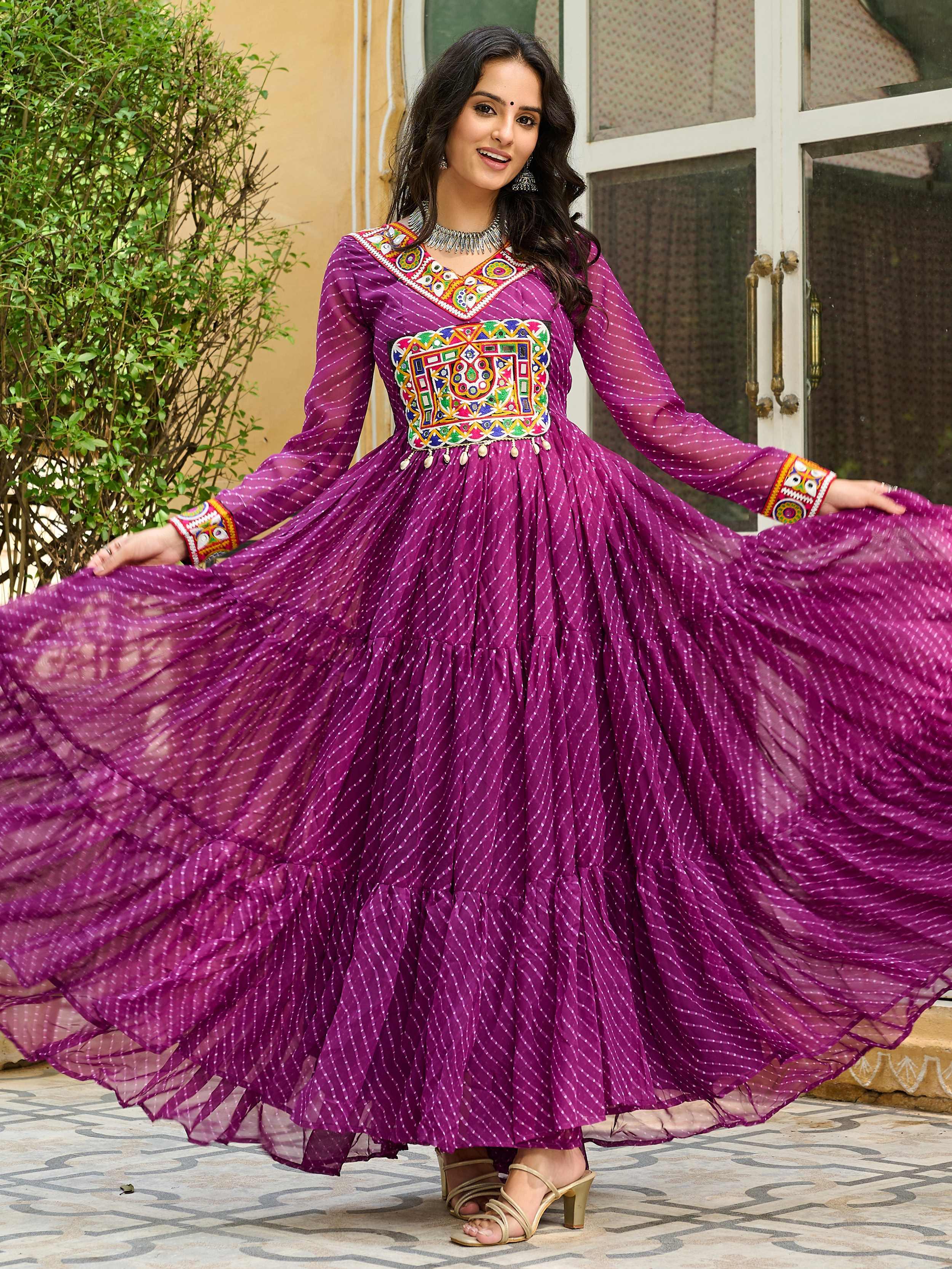 Wine Color Laheriya Print Georgette Kutchi Patchwork Navratri Gown