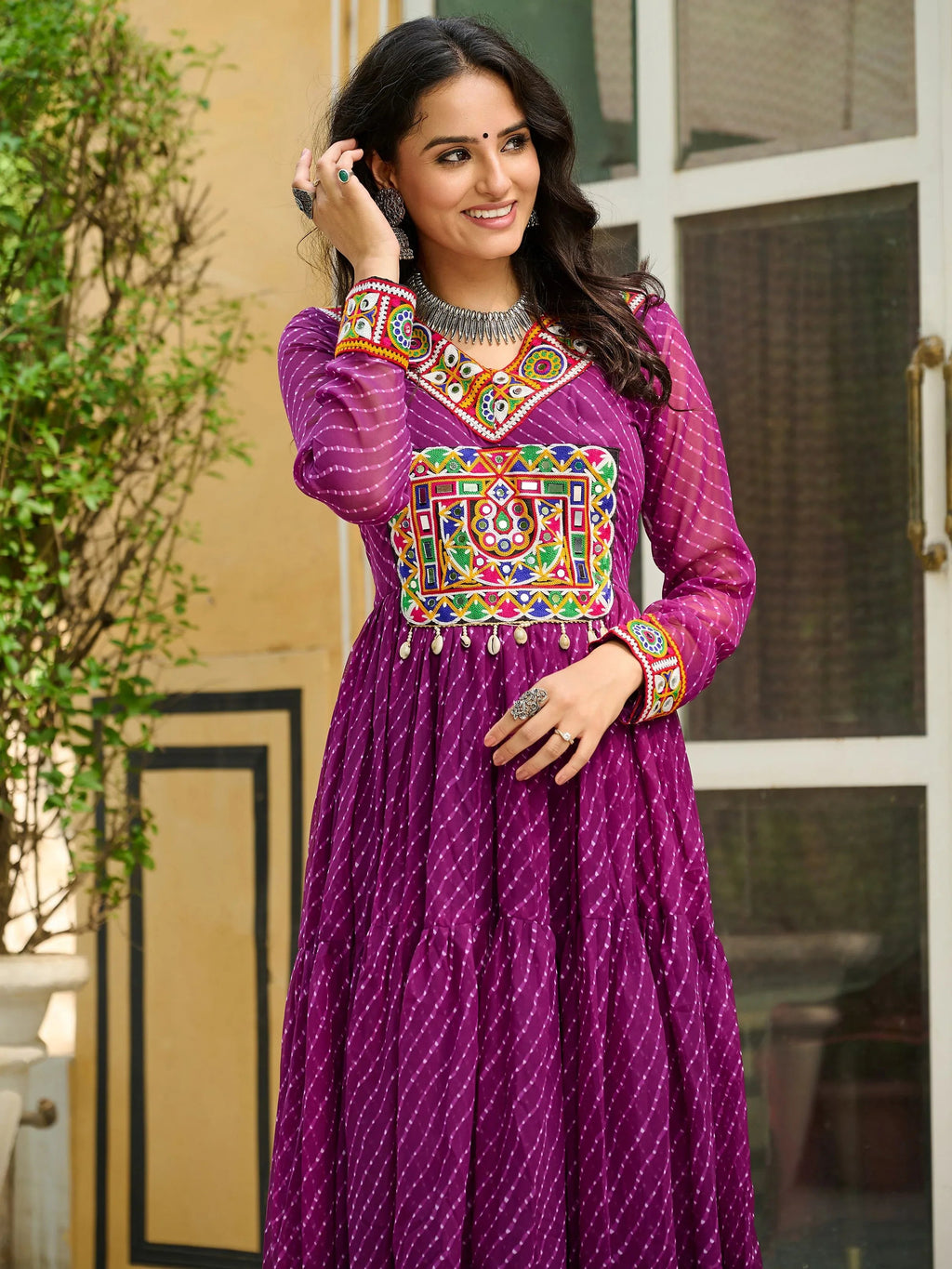 Wine color Laheriya print georgette Kutchi patchwork Navratri gown