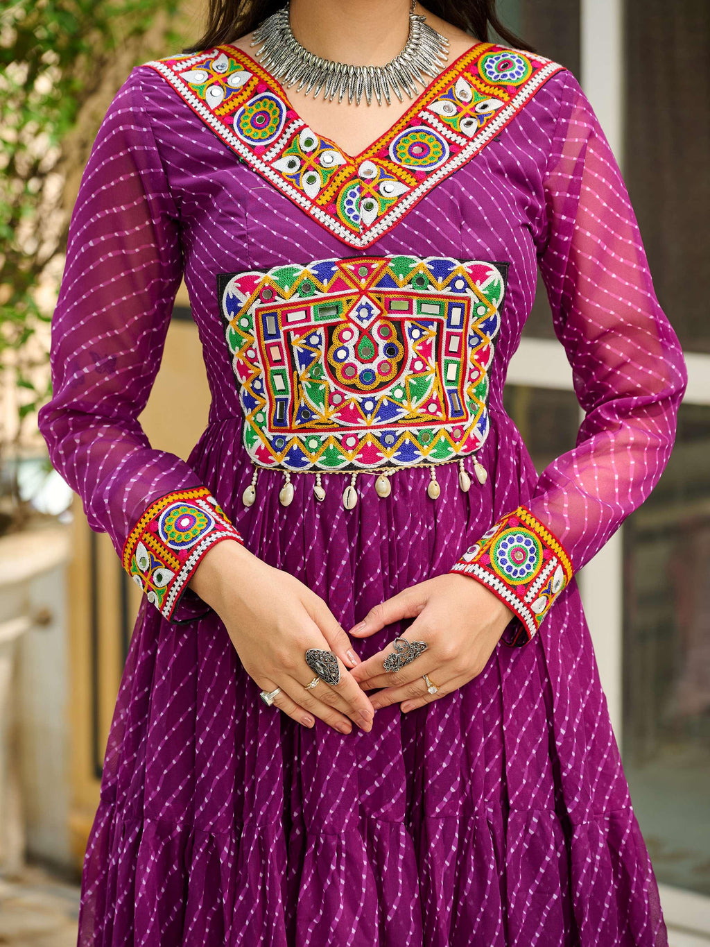 Wine color Laheriya print georgette Kutchi patchwork Navratri gown