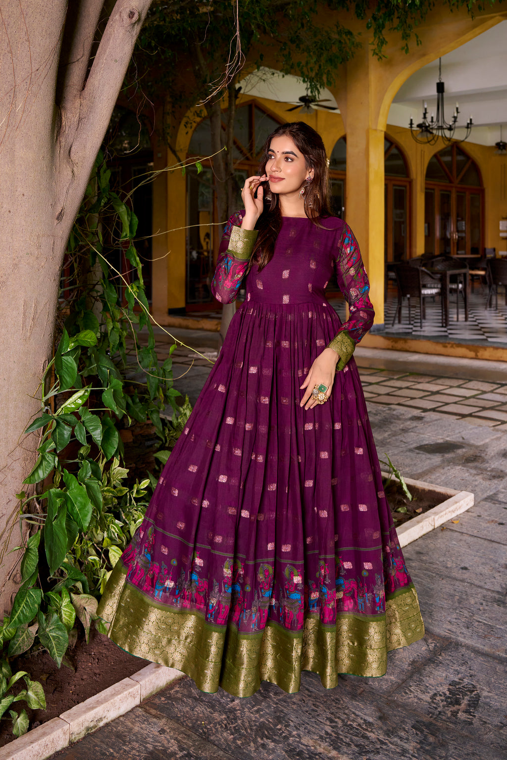 Wine Color Poly Cotton Kalamkari Print Gown with Zari Weaving Koti
