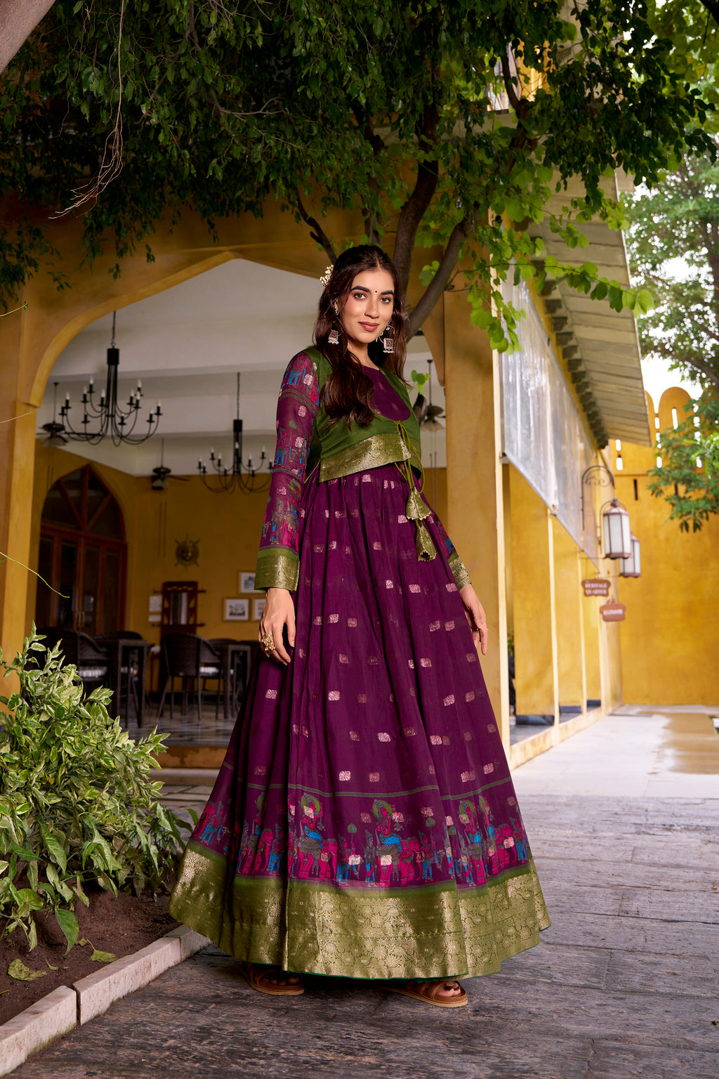 Wine Color Poly Cotton Kalamkari Print Gown with Zari Weaving Koti