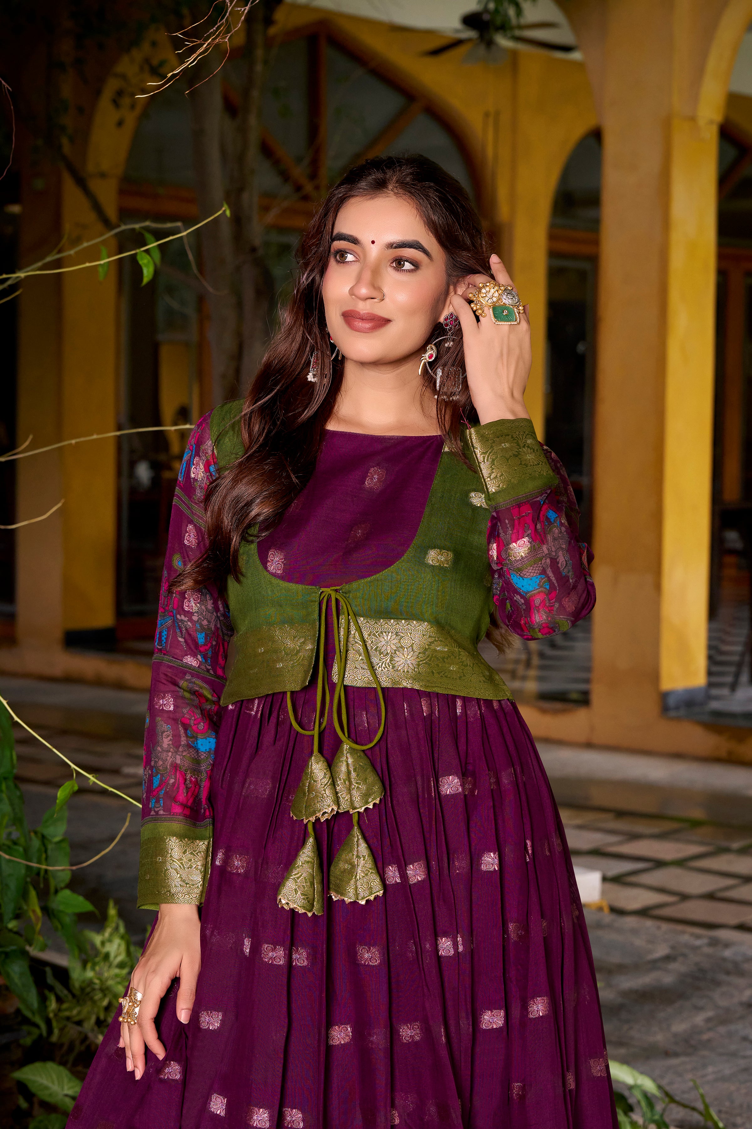 Wine Color Poly Cotton Kalamkari Print Gown with Zari Weaving Koti