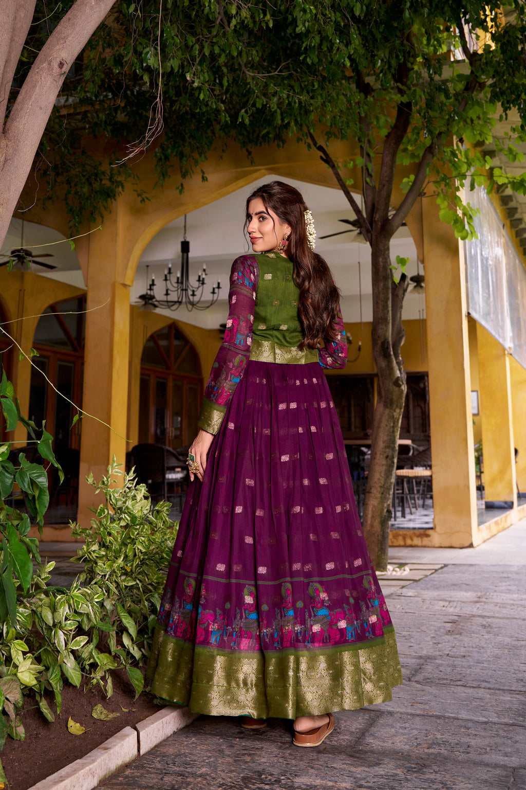 Wine Color Poly Cotton Kalamkari Print Gown with Zari Weaving Koti