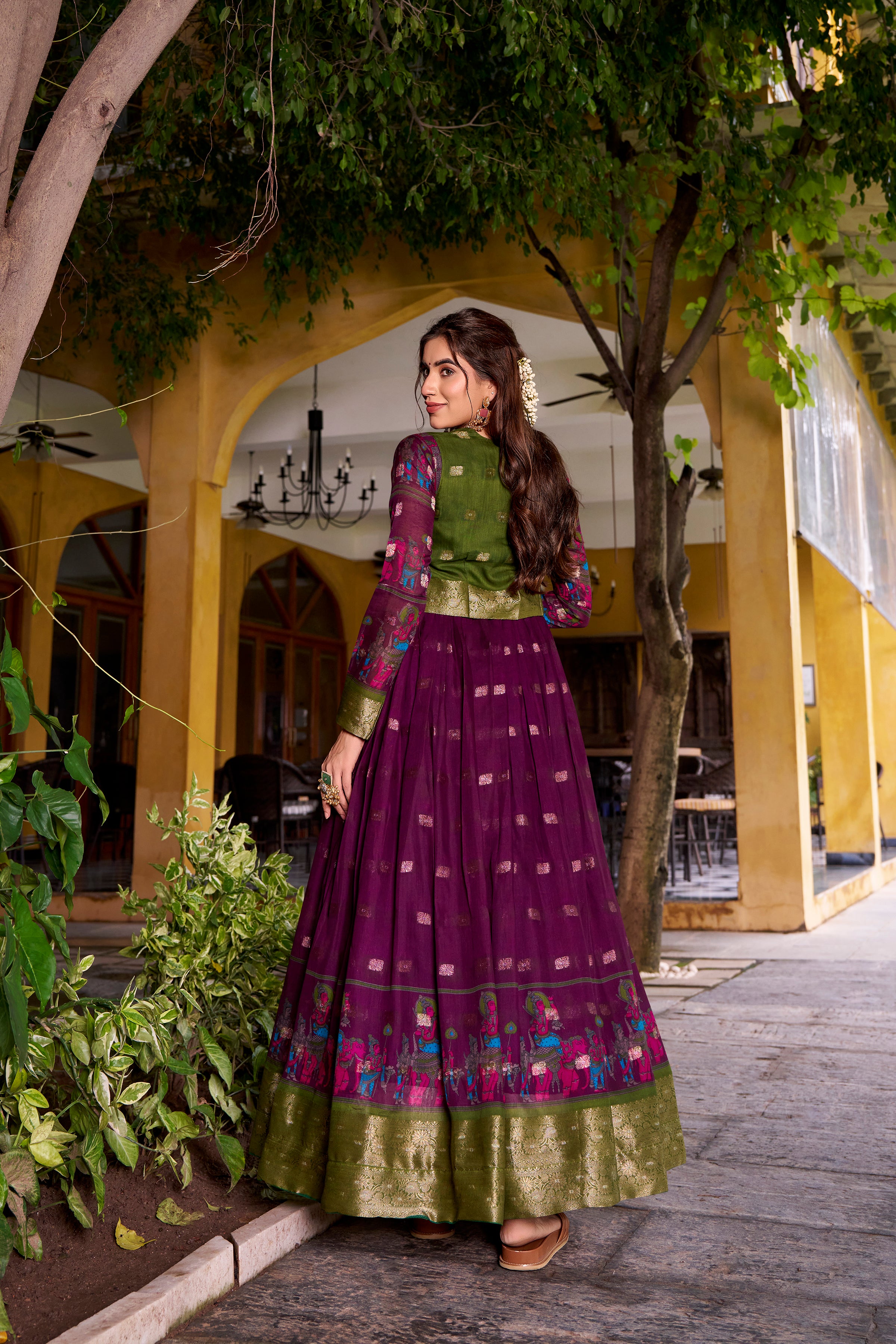 Wine Color Poly Cotton Kalamkari Print Gown with Zari Weaving Koti