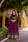 Wine Color Poly Cotton Kalamkari Print Gown with Zari Weaving Koti