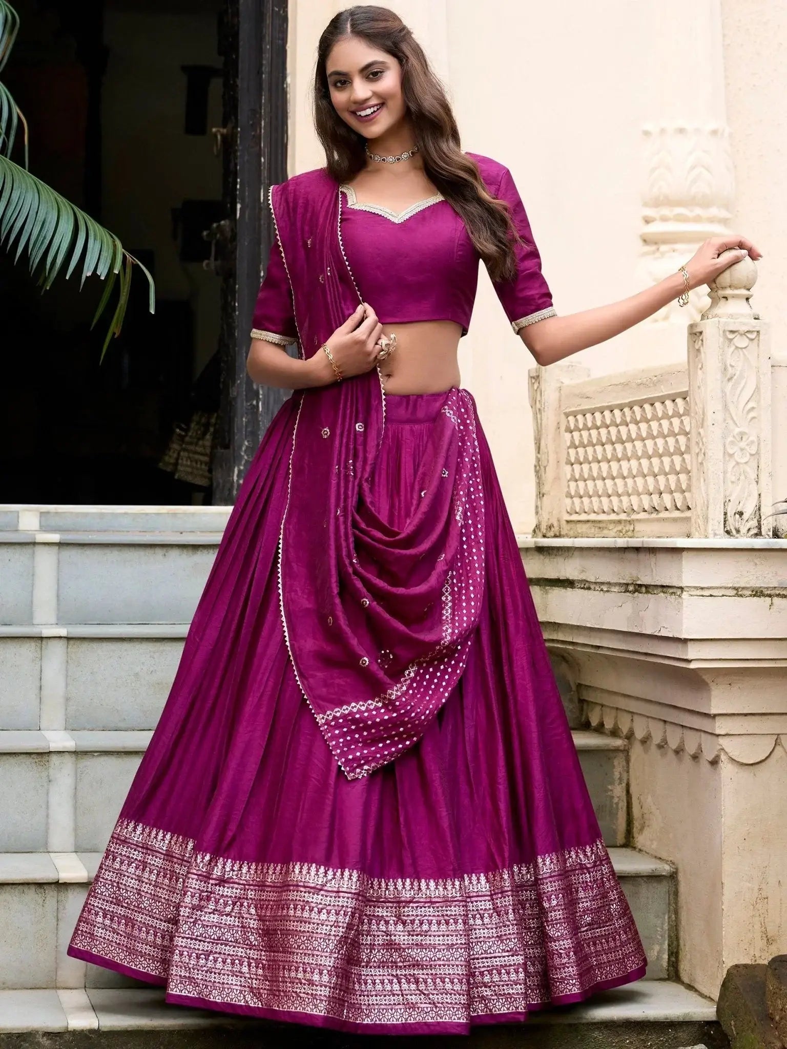 Wine Color Pure Chanderi Plain Zari Weaving Lehenga Choli