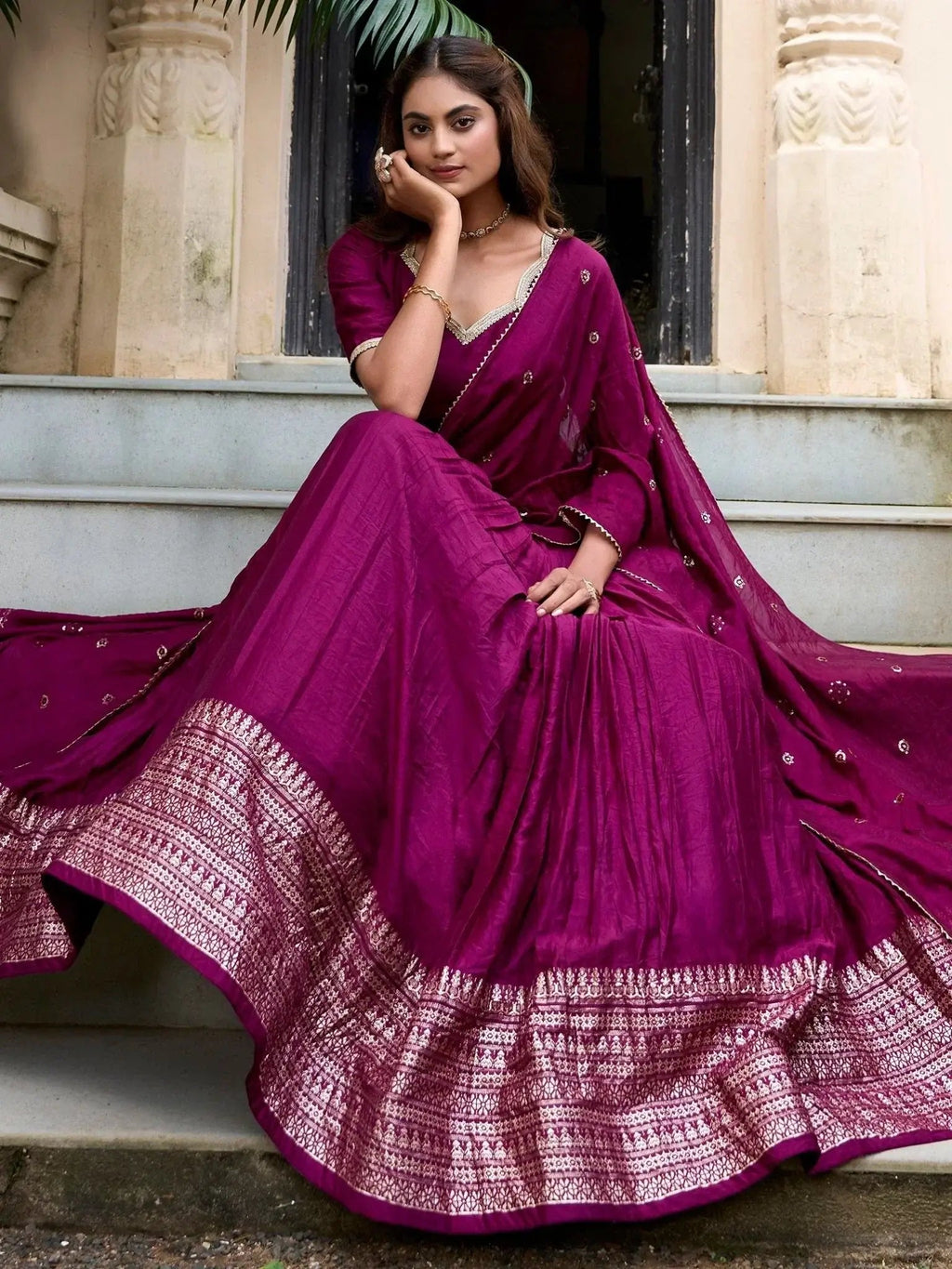 Wine Color Pure Chanderi Plain Zari Weaving Lehenga Choli