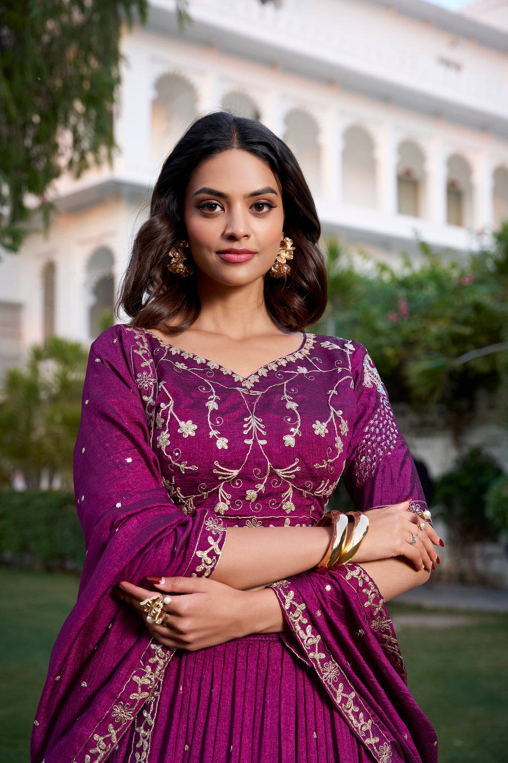 Wine Vichitra silk sequin thread embroidery lehenga choli with dupatta