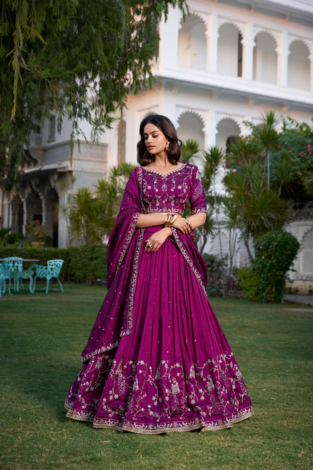 Wine Vichitra silk sequin thread embroidery lehenga choli with dupatta