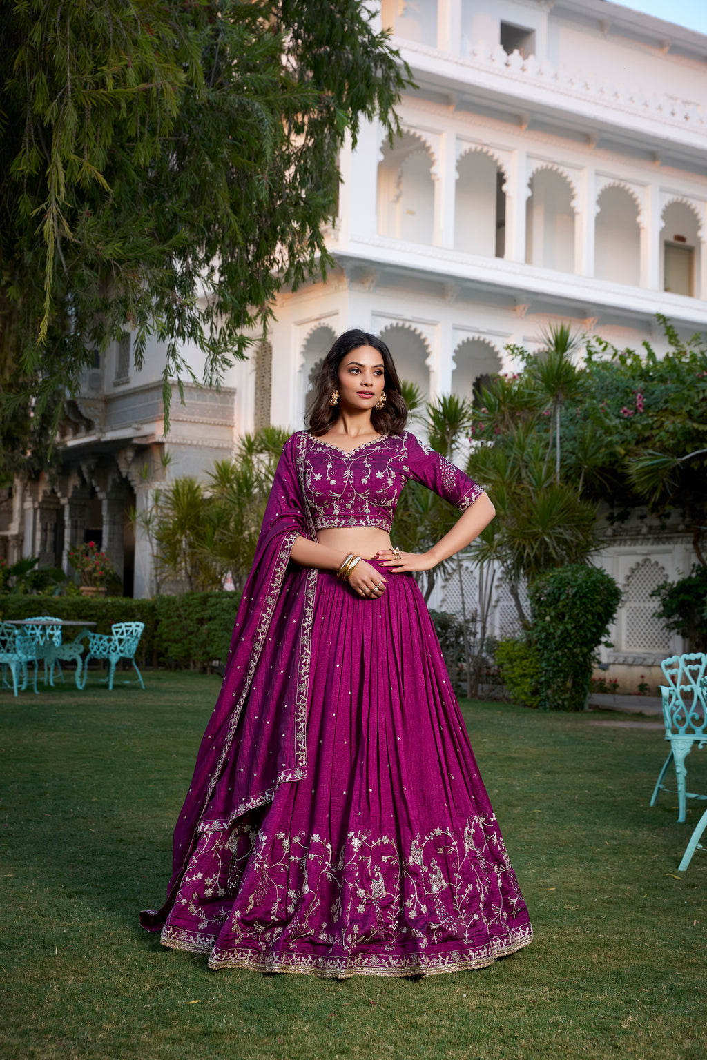 Wine Vichitra silk sequin thread embroidery lehenga choli with dupatta