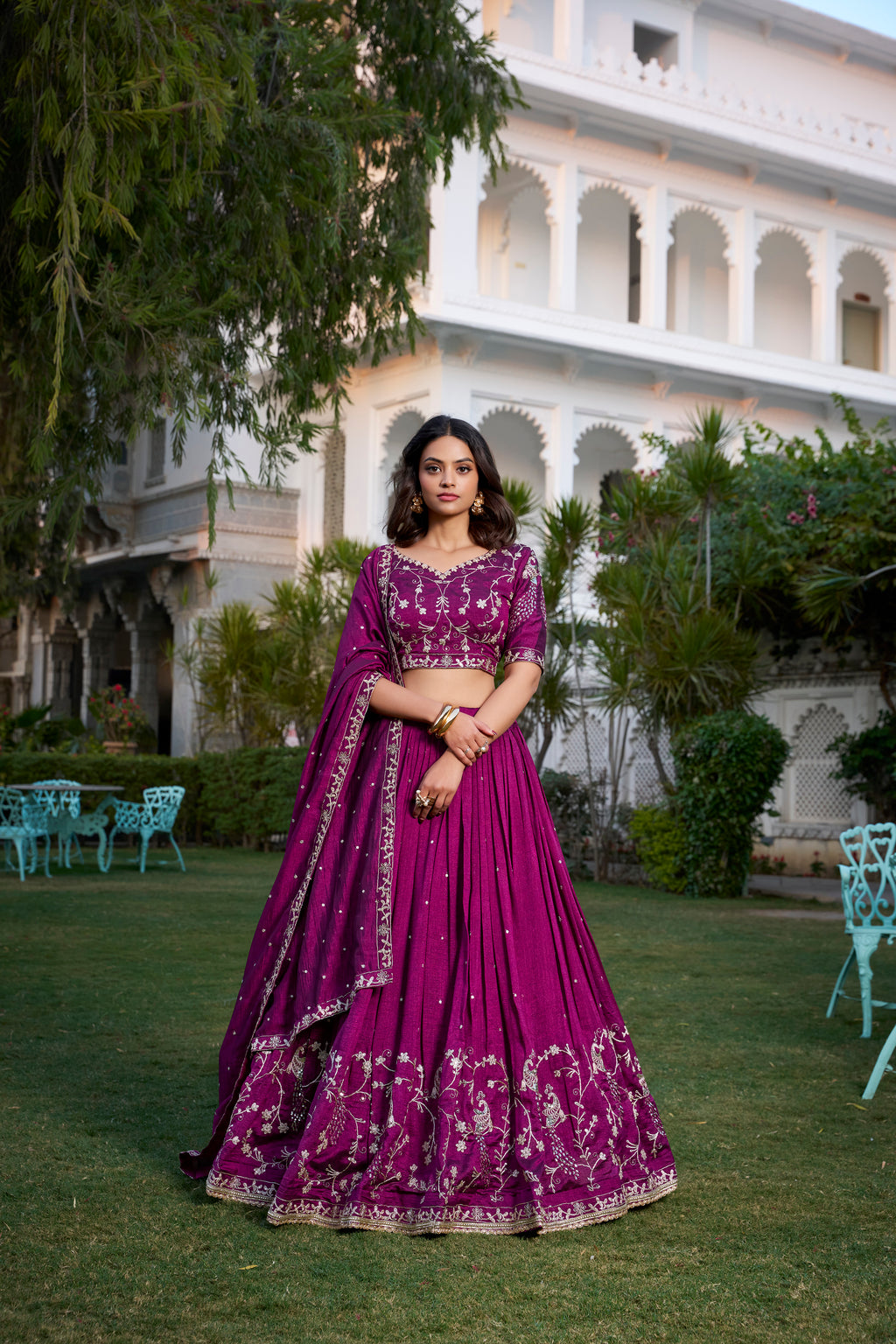 Wine Vichitra silk sequin thread embroidery lehenga choli with dupatta
