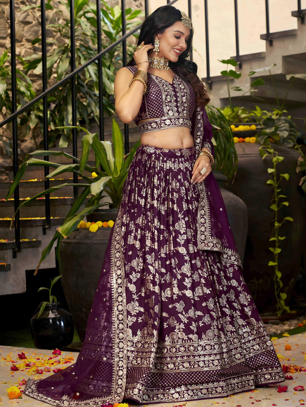 Wine Dola silk jacquard embroidered lehenga choli with dupatta