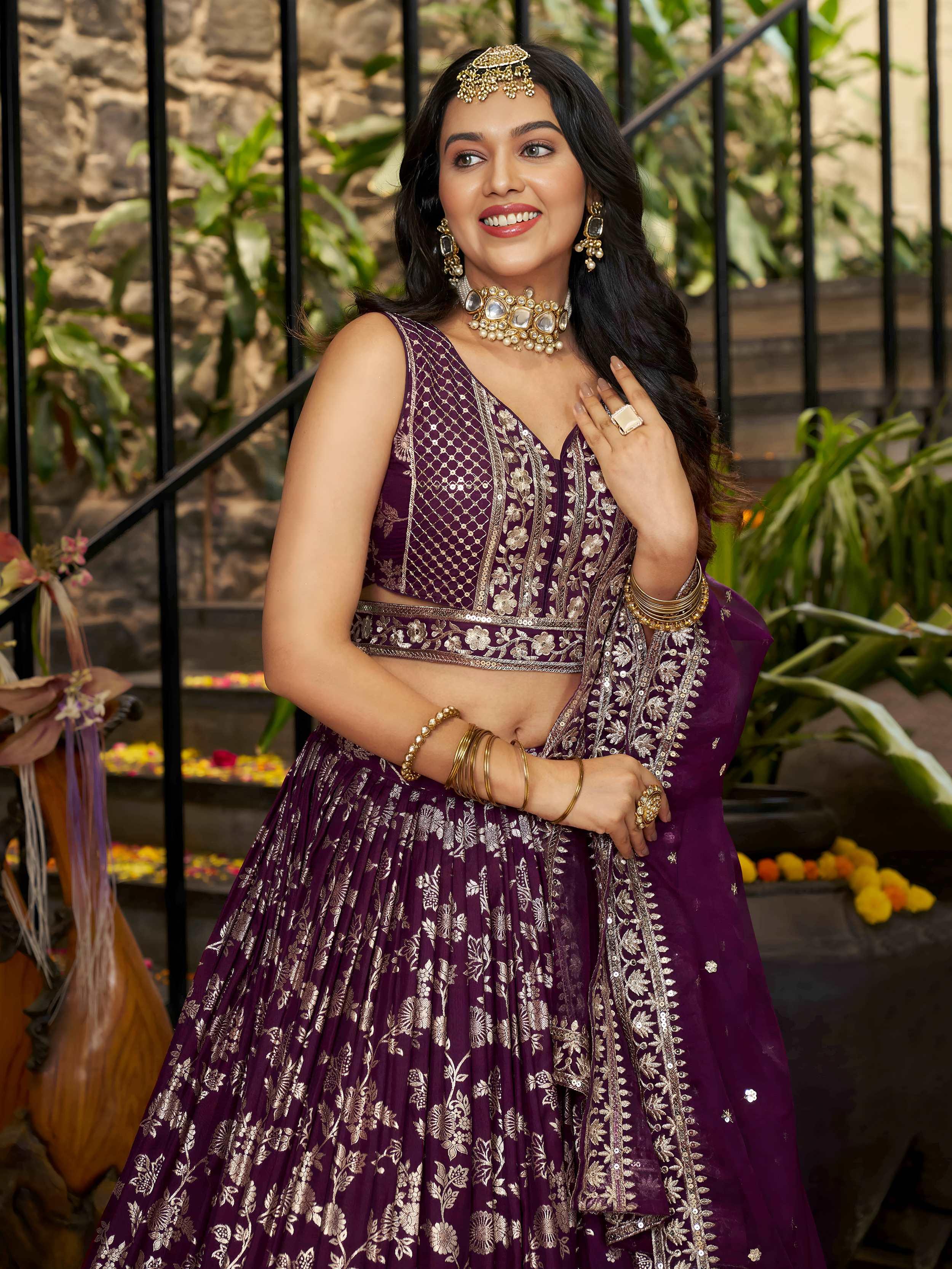 Wine Dola silk jacquard embroidered lehenga choli with dupatta