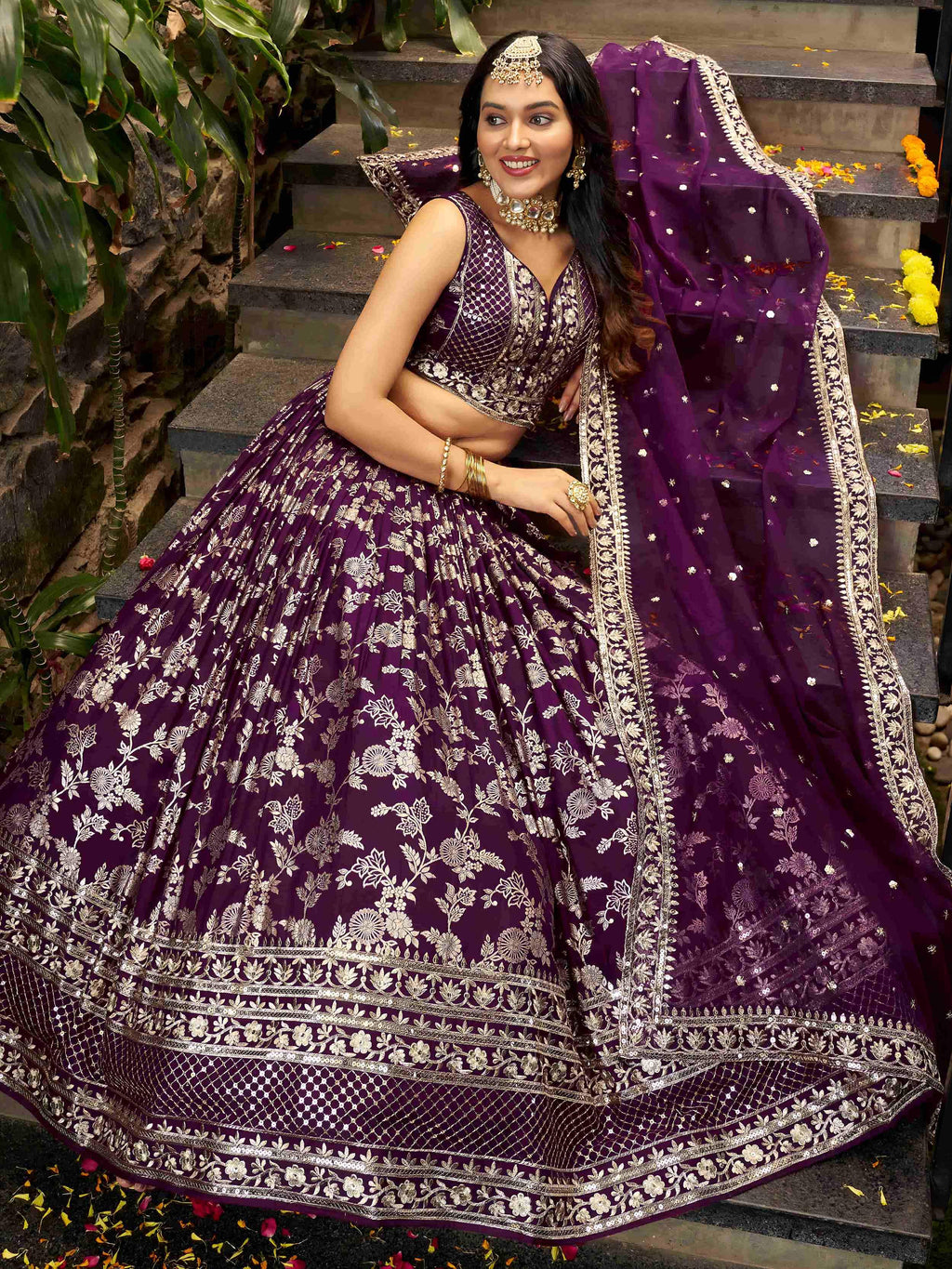 Wine Dola silk jacquard embroidered lehenga choli with dupatta