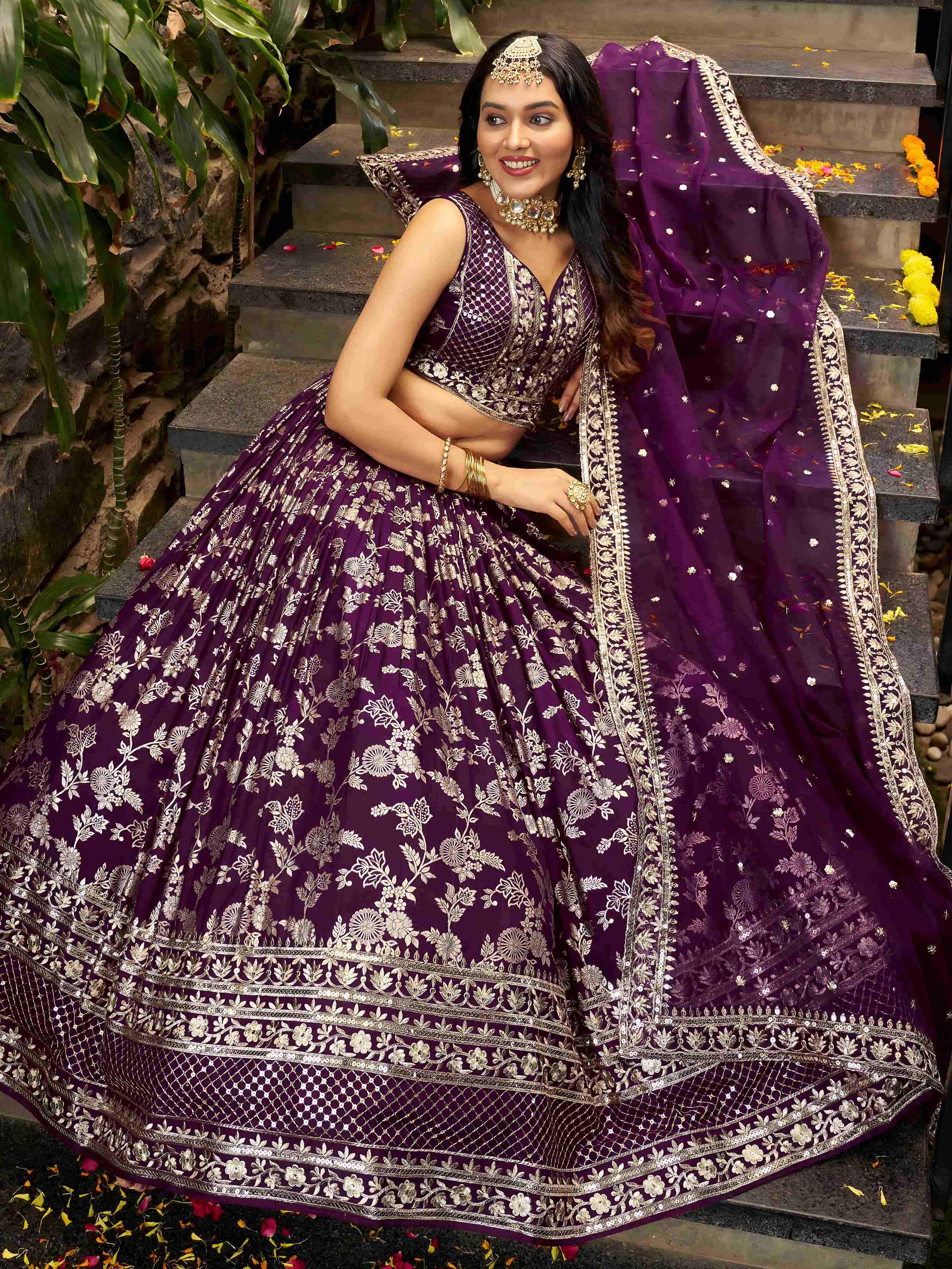 Wine Dola silk jacquard embroidered lehenga choli with dupatta