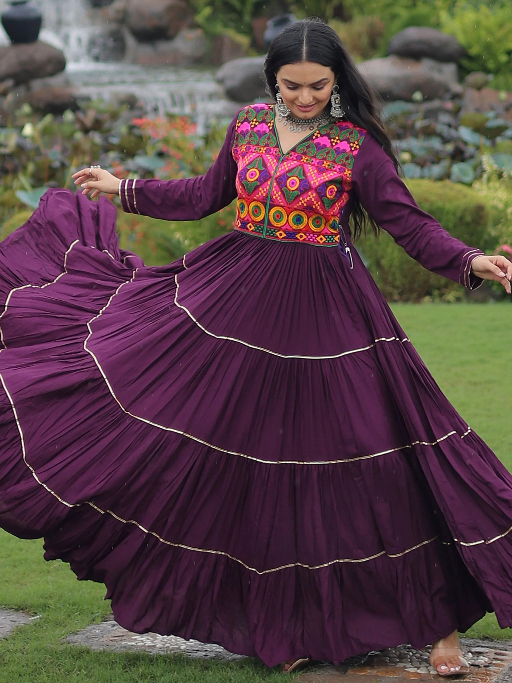 Wine Coloured Rayon Flair Kutchi Gamthi Embroidered Mirror Work Gown