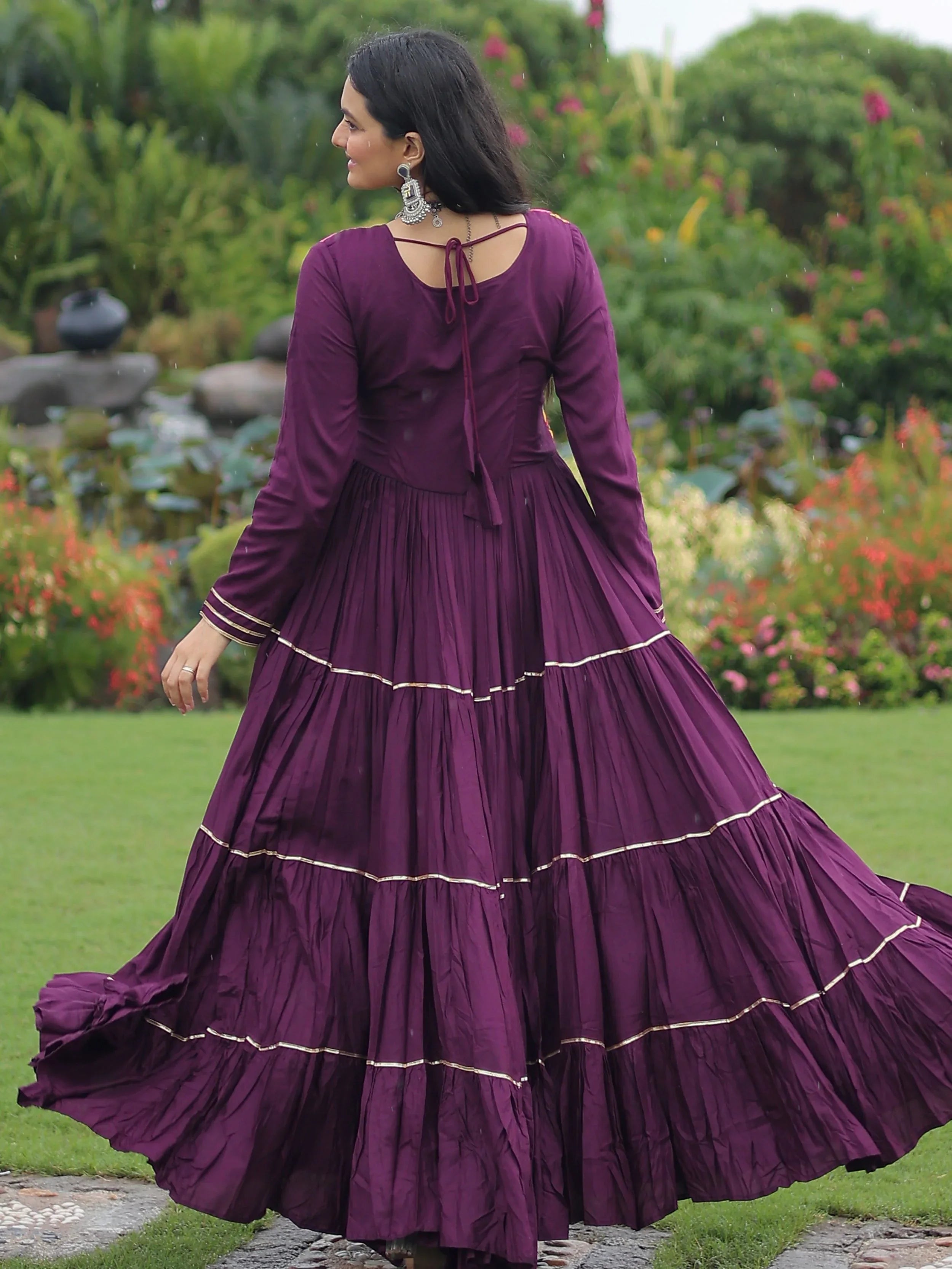 Wine Coloured Rayon Flair Kutchi Gamthi Embroidered Mirror Work Gown