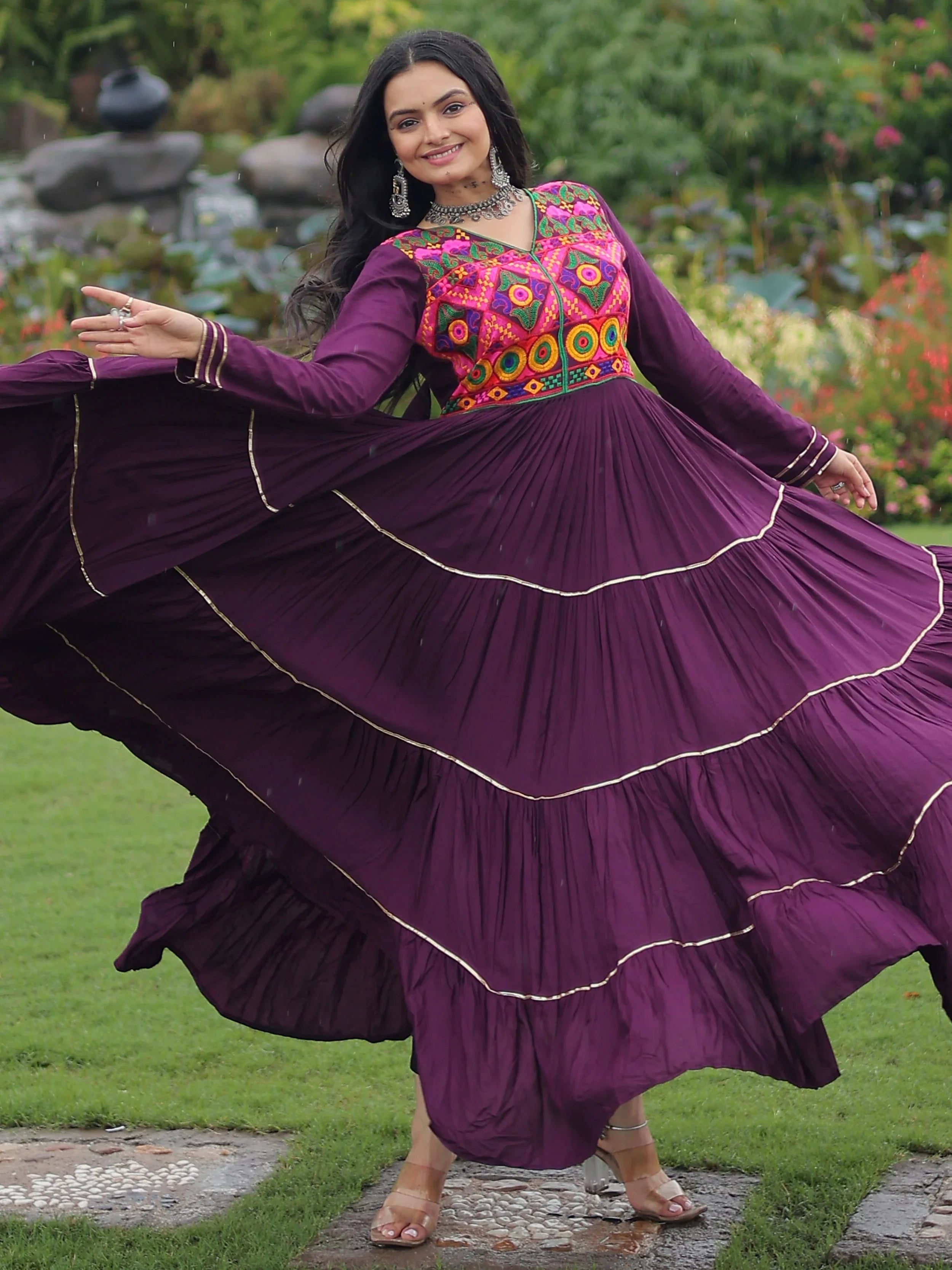 Wine Coloured Rayon Flair Kutchi Gamthi Embroidered Mirror Work Gown