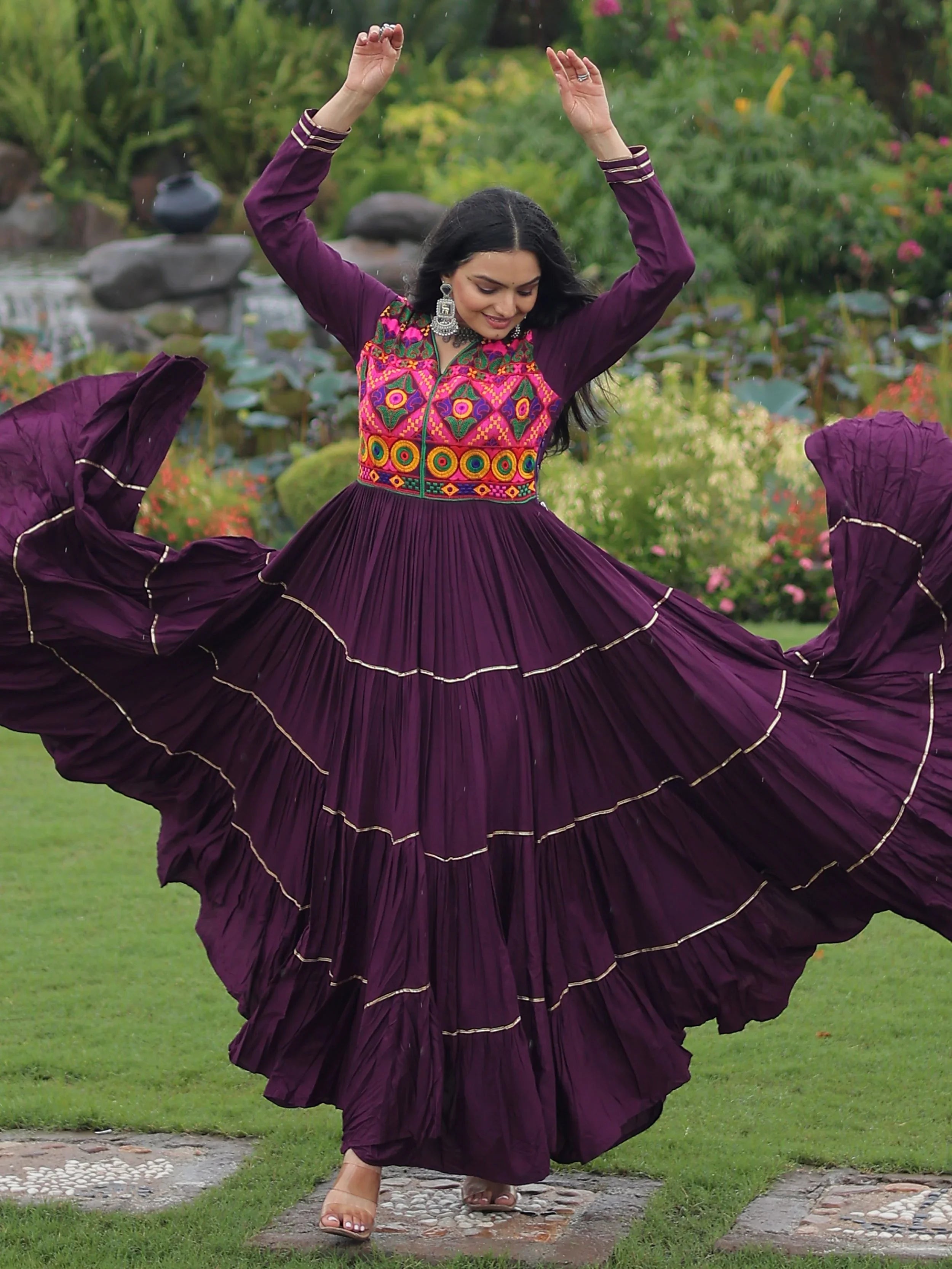 Wine Coloured Rayon Flair Kutchi Gamthi Embroidered Mirror Work Gown