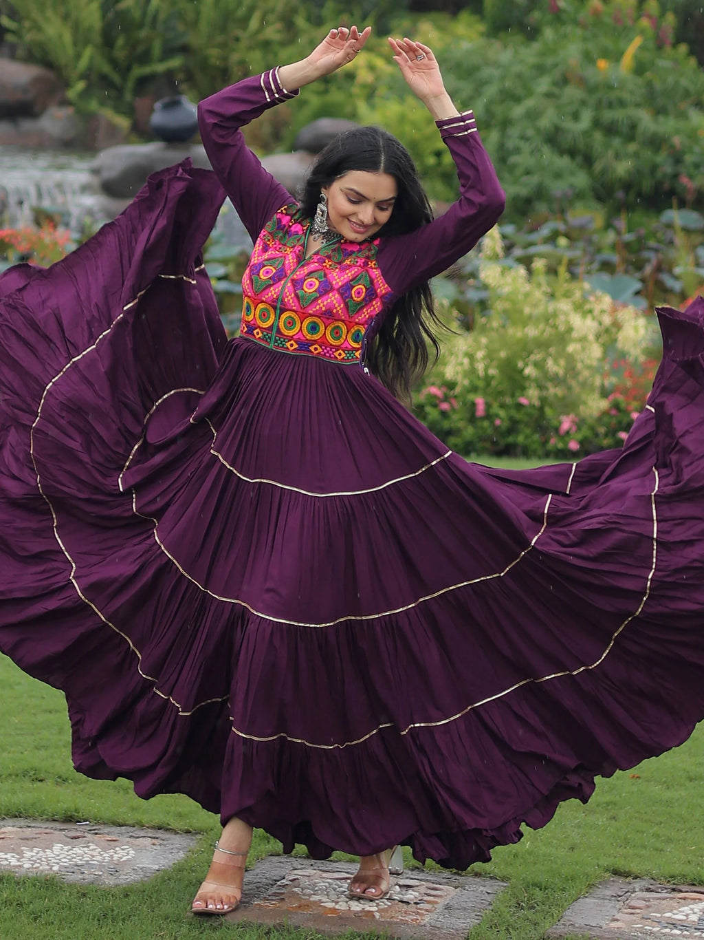 Wine Coloured Rayon Flair Kutchi Gamthi Embroidered Mirror Work Gown