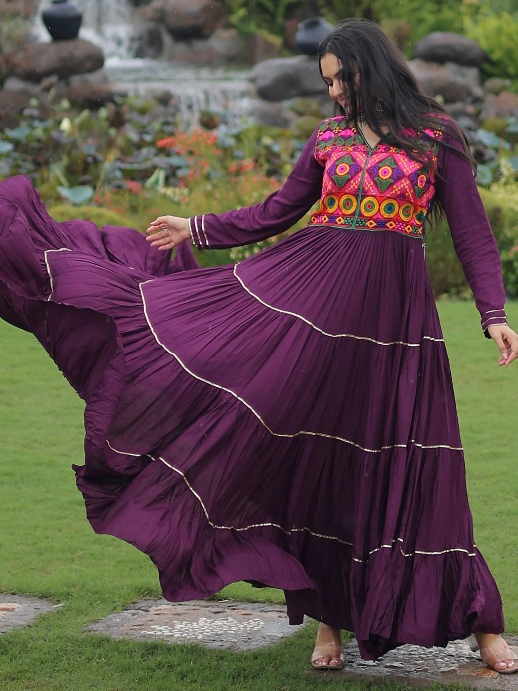Wine Coloured Rayon Flair Kutchi Gamthi Embroidered Mirror Work Gown