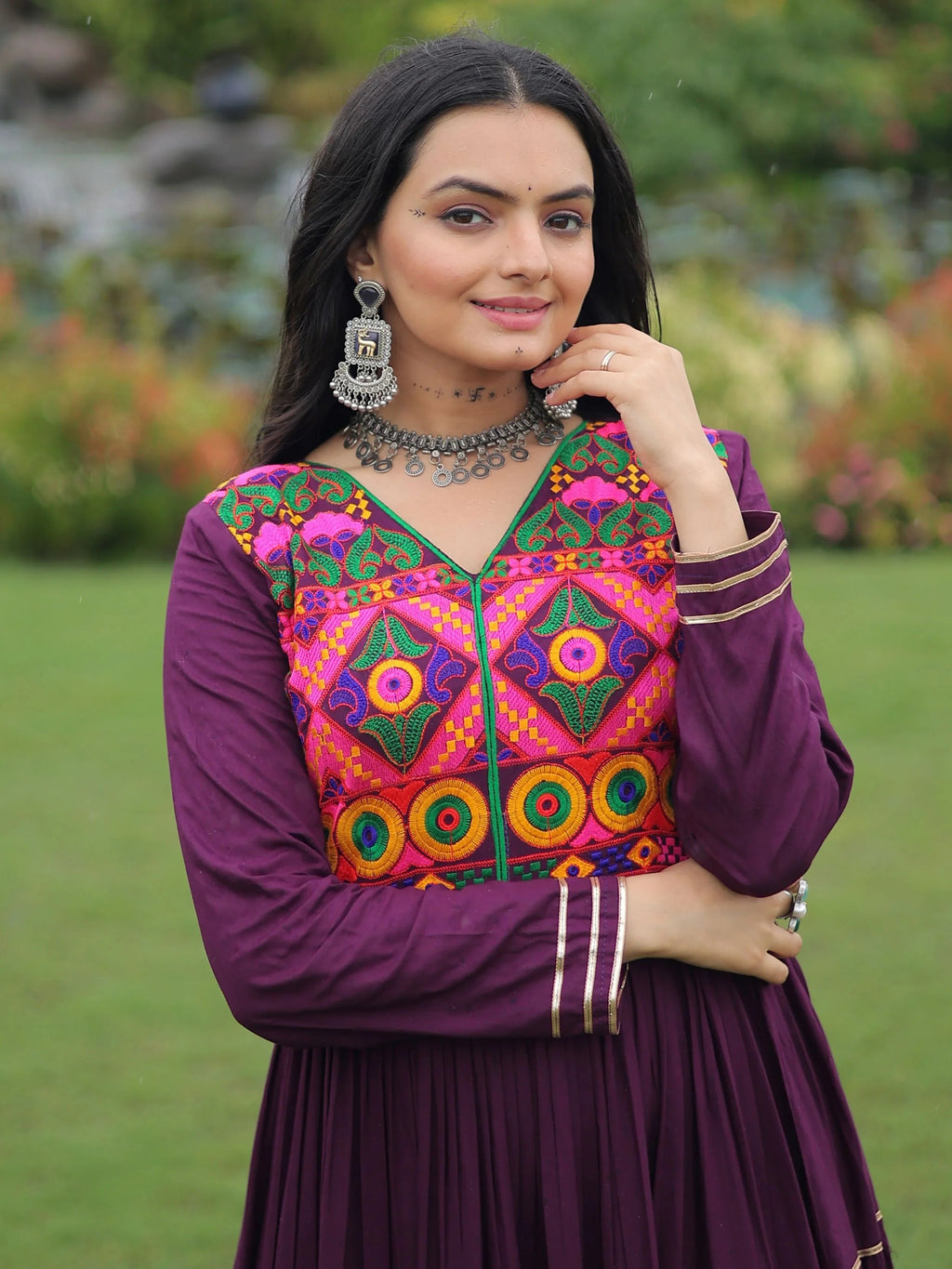 Wine Coloured Rayon Flair Kutchi Gamthi Embroidered Mirror Work Gown