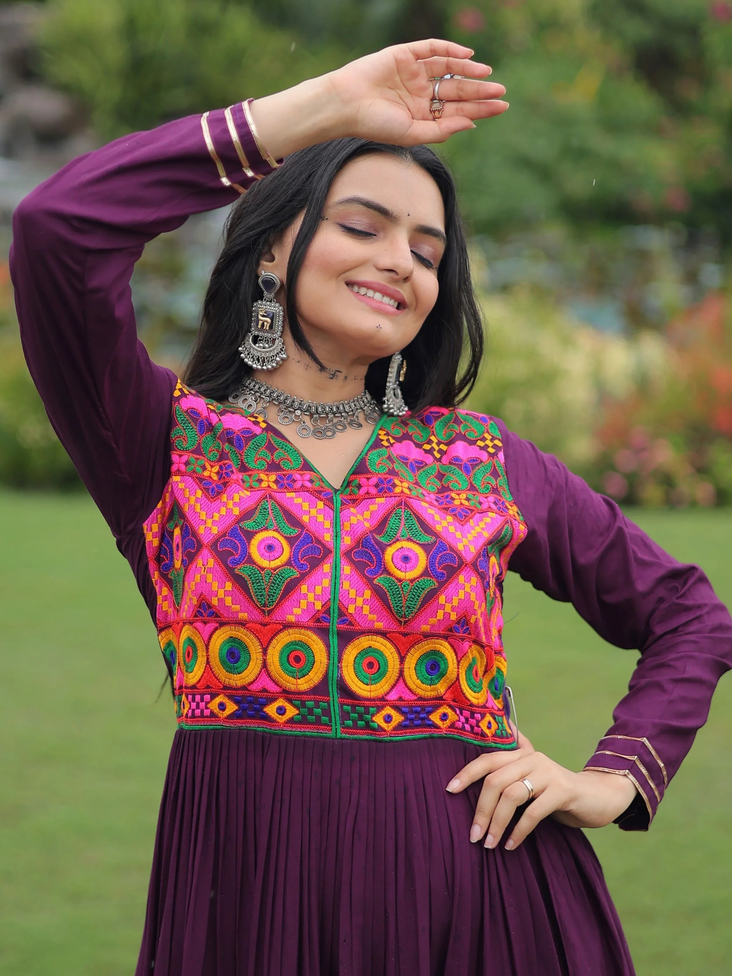 Wine Coloured Rayon Flair Kutchi Gamthi Embroidered Mirror Work Gown