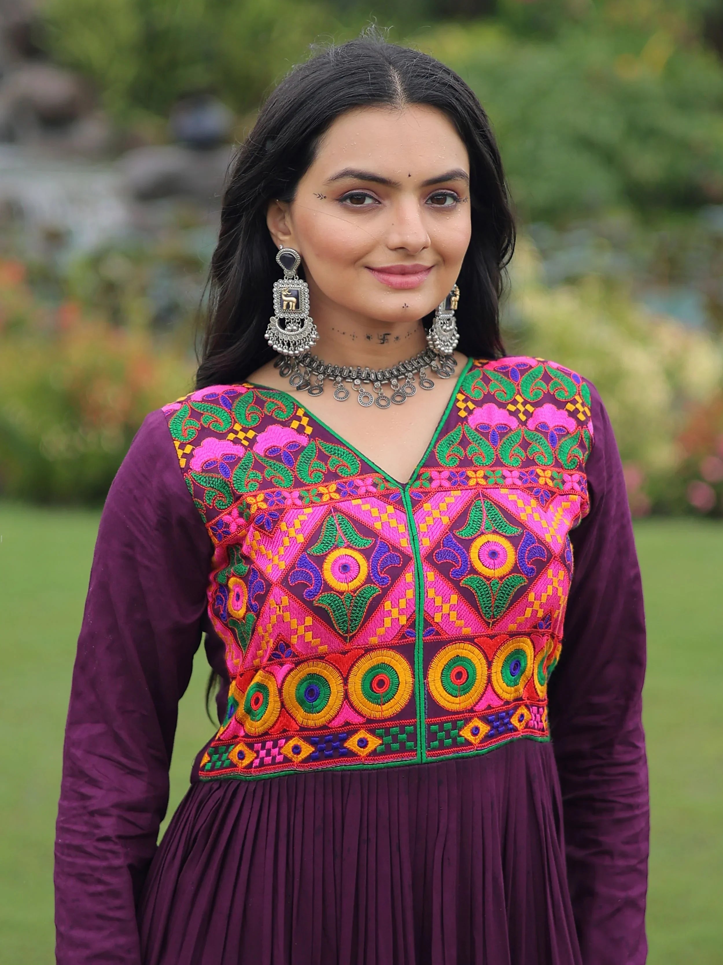 Wine Coloured Rayon Flair Kutchi Gamthi Embroidered Mirror Work Gown