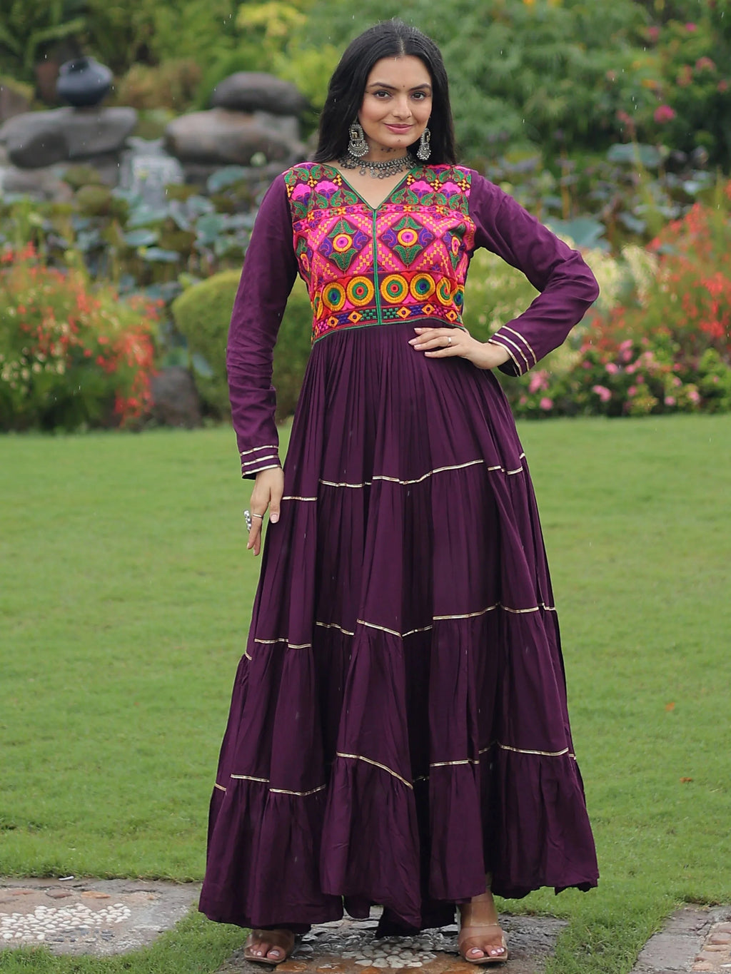 Wine Coloured Rayon Flair Kutchi Gamthi Embroidered Mirror Work Gown