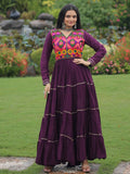 Wine Coloured Rayon Flair Kutchi Gamthi Embroidered Mirror Work Gown