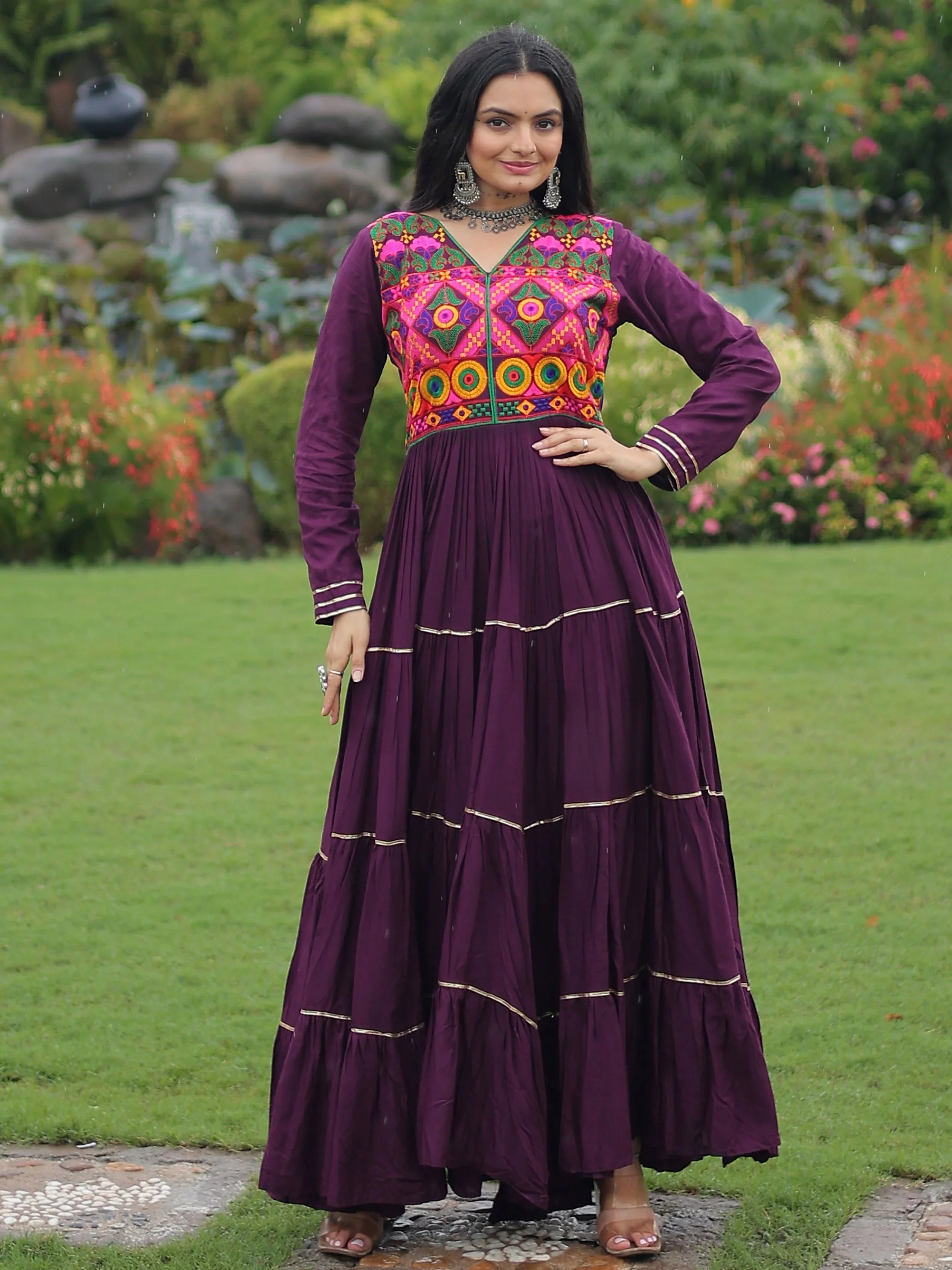 Wine Coloured Rayon Flair Kutchi Gamthi Embroidered Mirror Work Gown