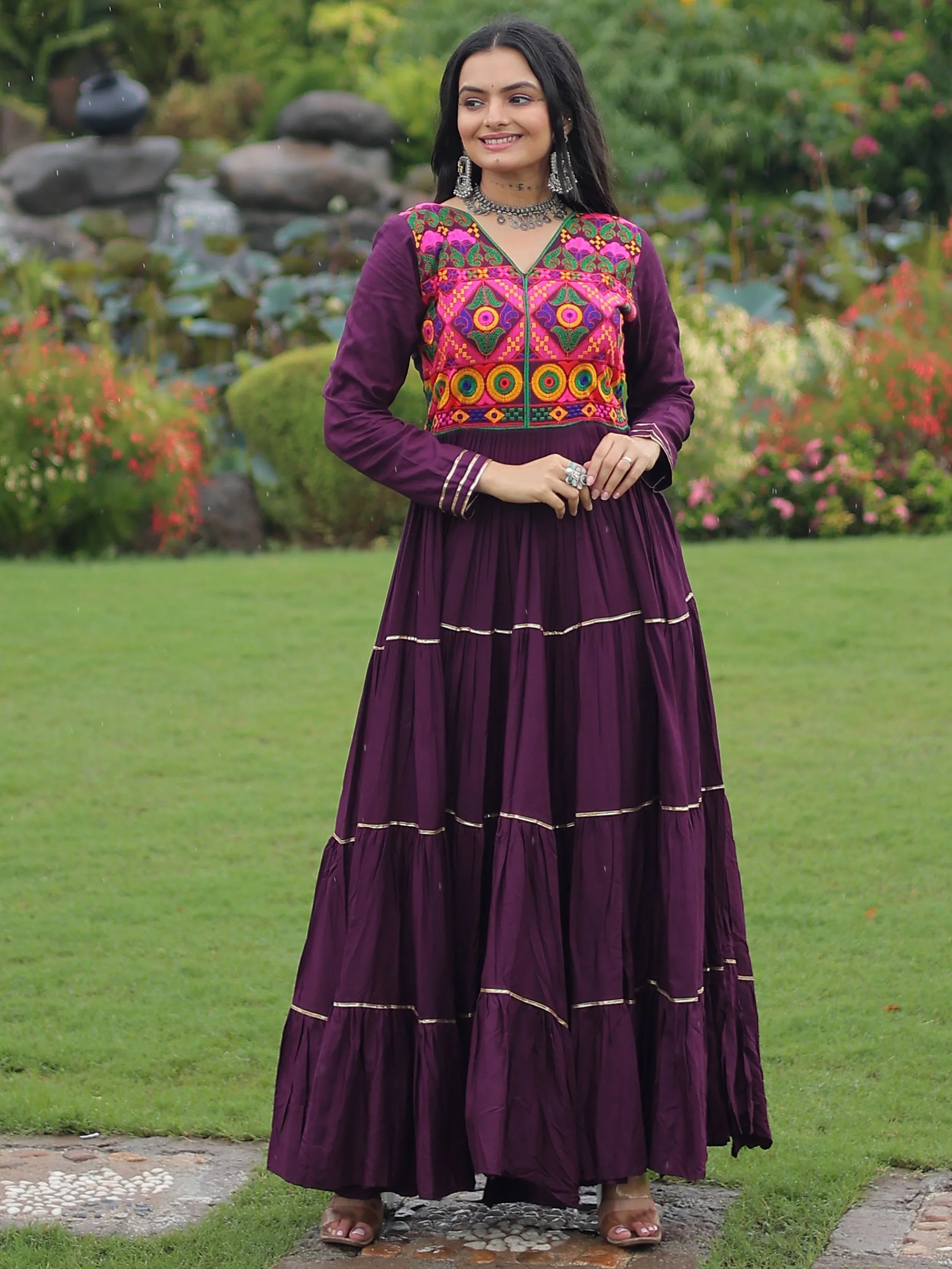 Wine Coloured Rayon Flair Kutchi Gamthi Embroidered Mirror Work Gown