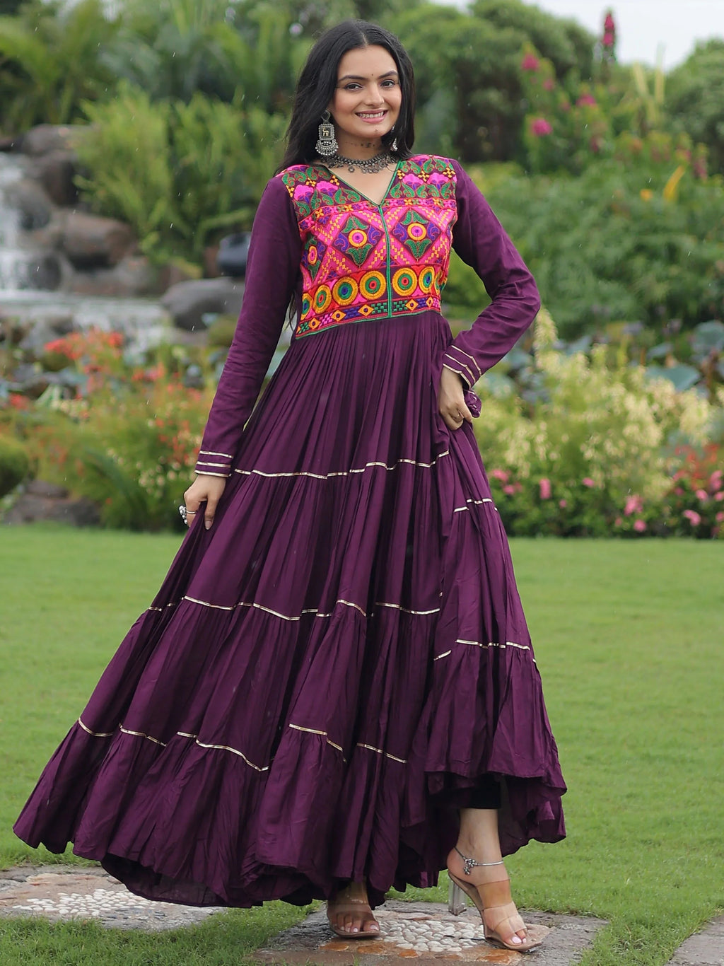 Wine Coloured Rayon Flair Kutchi Gamthi Embroidered Mirror Work Gown