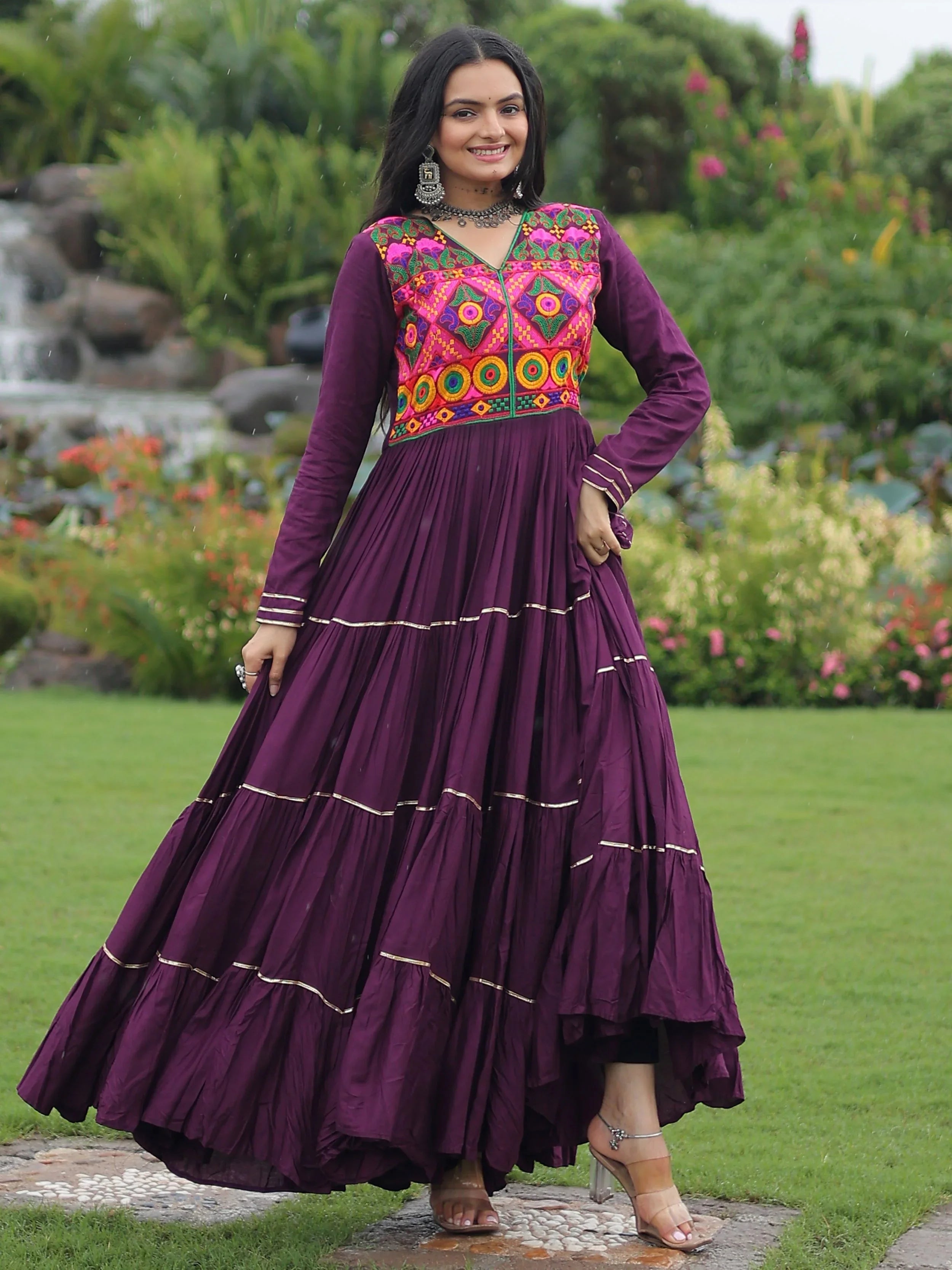 Wine Coloured Rayon Flair Kutchi Gamthi Embroidered Mirror Work Gown
