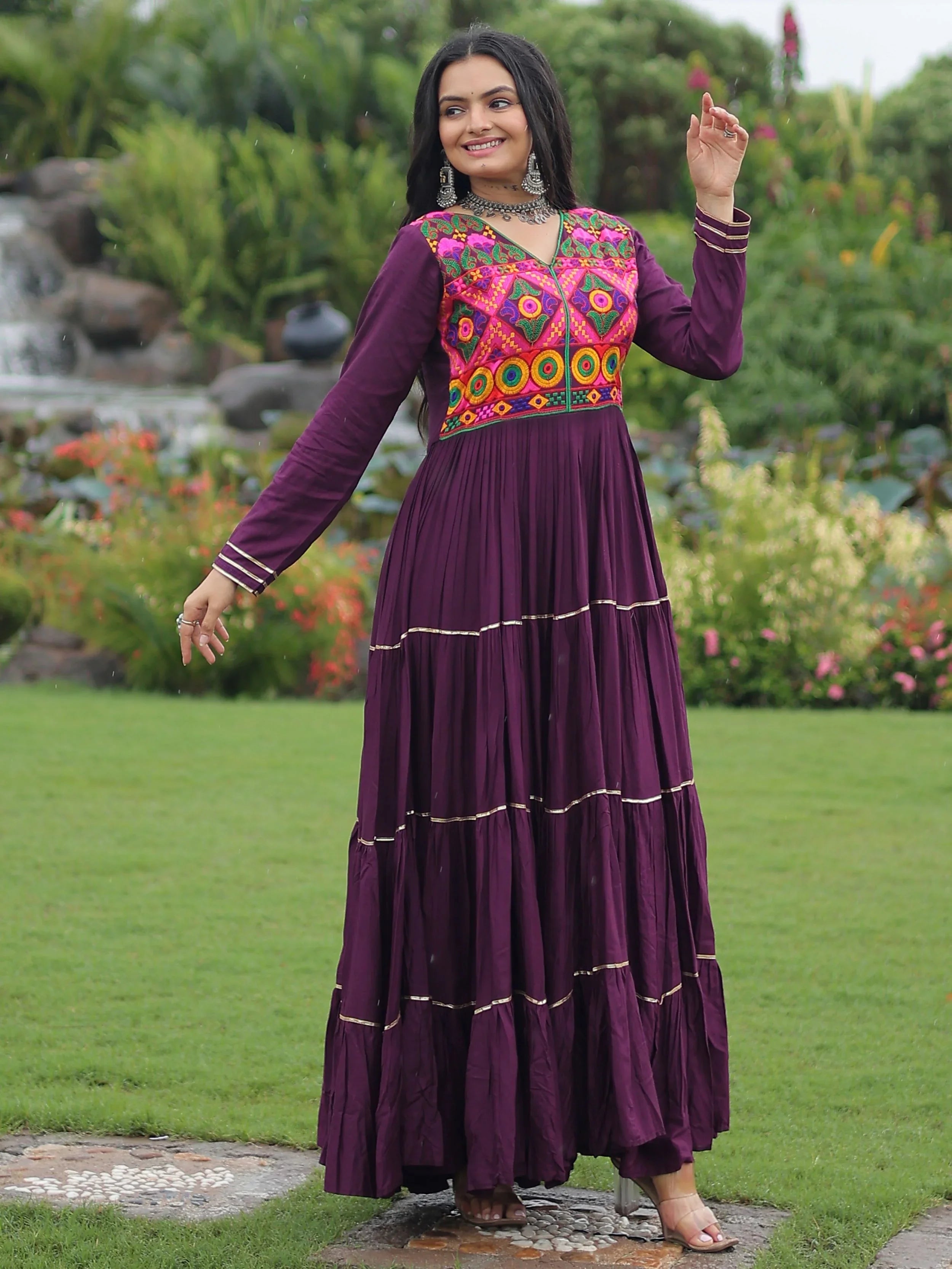 Wine Coloured Rayon Flair Kutchi Gamthi Embroidered Mirror Work Gown