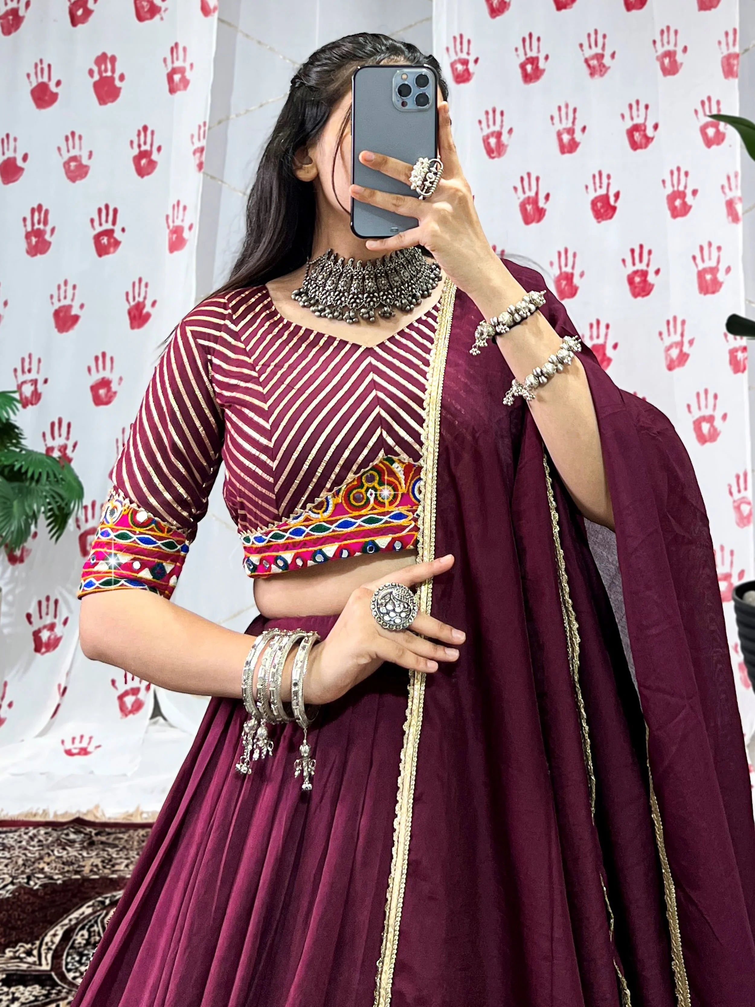 Wine Pure Chanderi Zari Weaving Mirror Gamthi Work Lehenga Choli