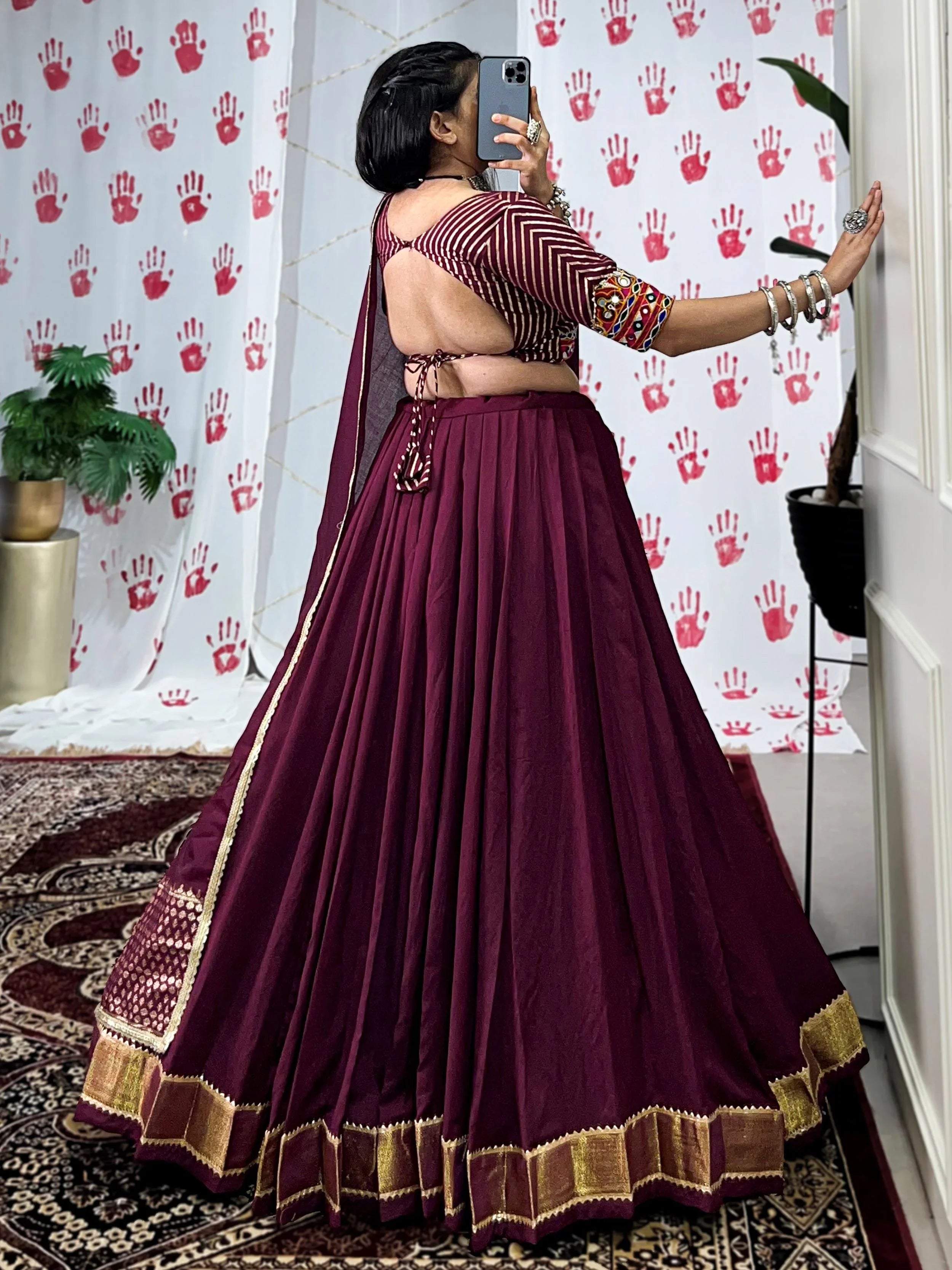 Wine Pure Chanderi Zari Weaving Mirror Gamthi Work Lehenga Choli