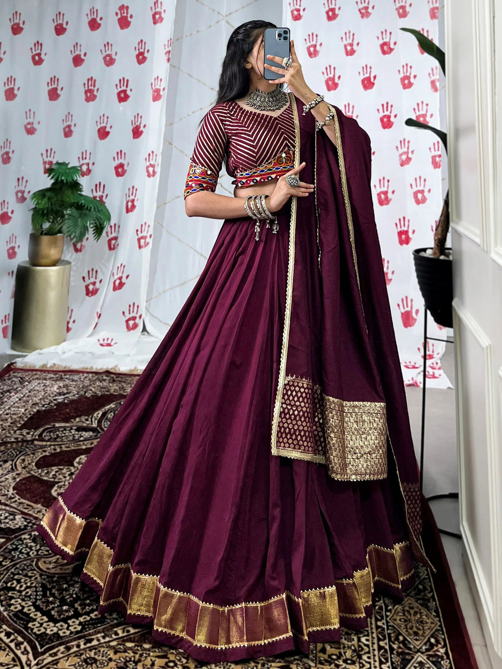 Wine Pure Chanderi Zari Weaving Mirror Gamthi Work Lehenga Choli