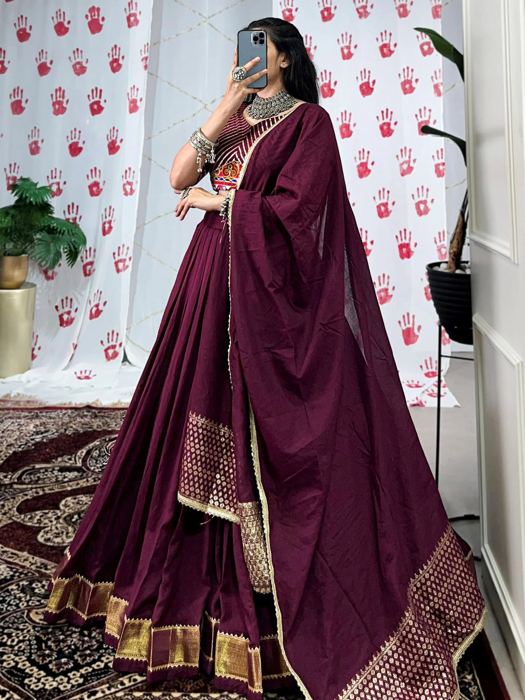 Wine Pure Chanderi Zari Weaving Mirror Gamthi Work Lehenga Choli