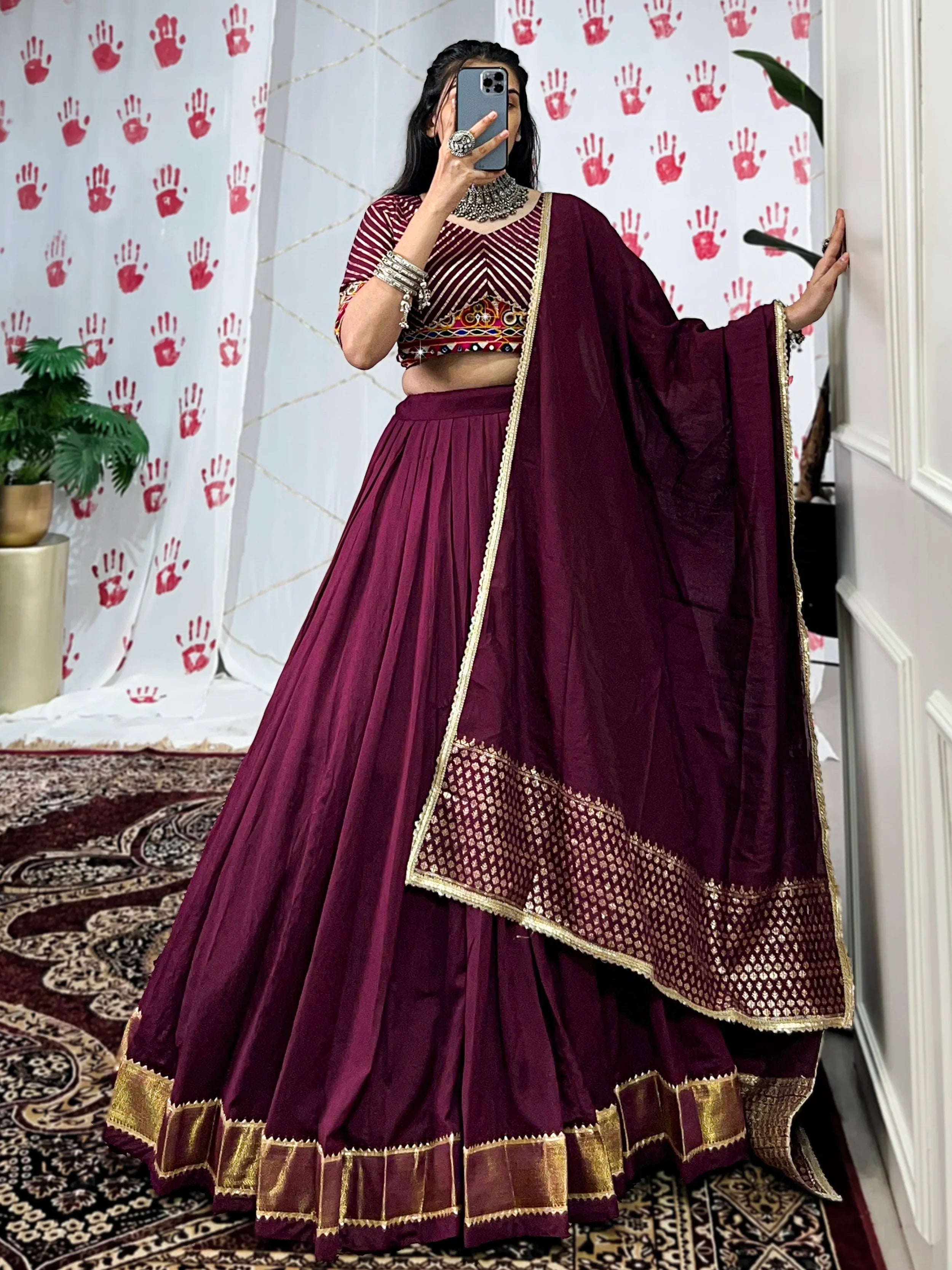 Wine Pure Chanderi Zari Weaving Mirror Gamthi Work Lehenga Choli
