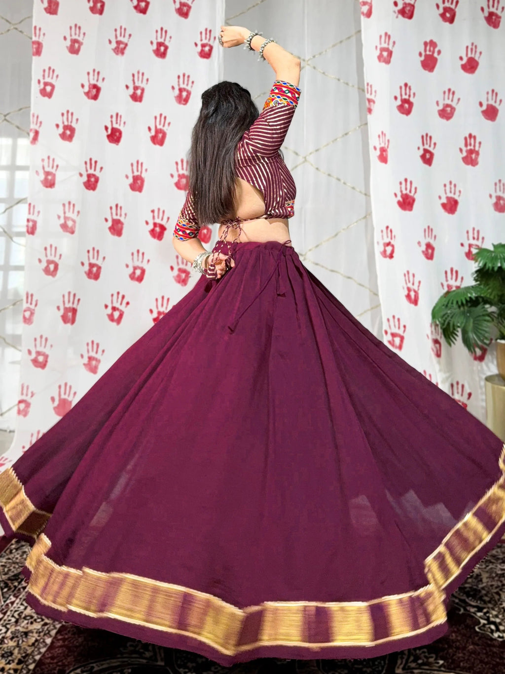 Wine Pure Chanderi Zari Weaving Mirror Gamthi Work Lehenga Choli