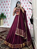 Wine Pure Chanderi Zari Weaving Mirror Gamthi Work Lehenga Choli