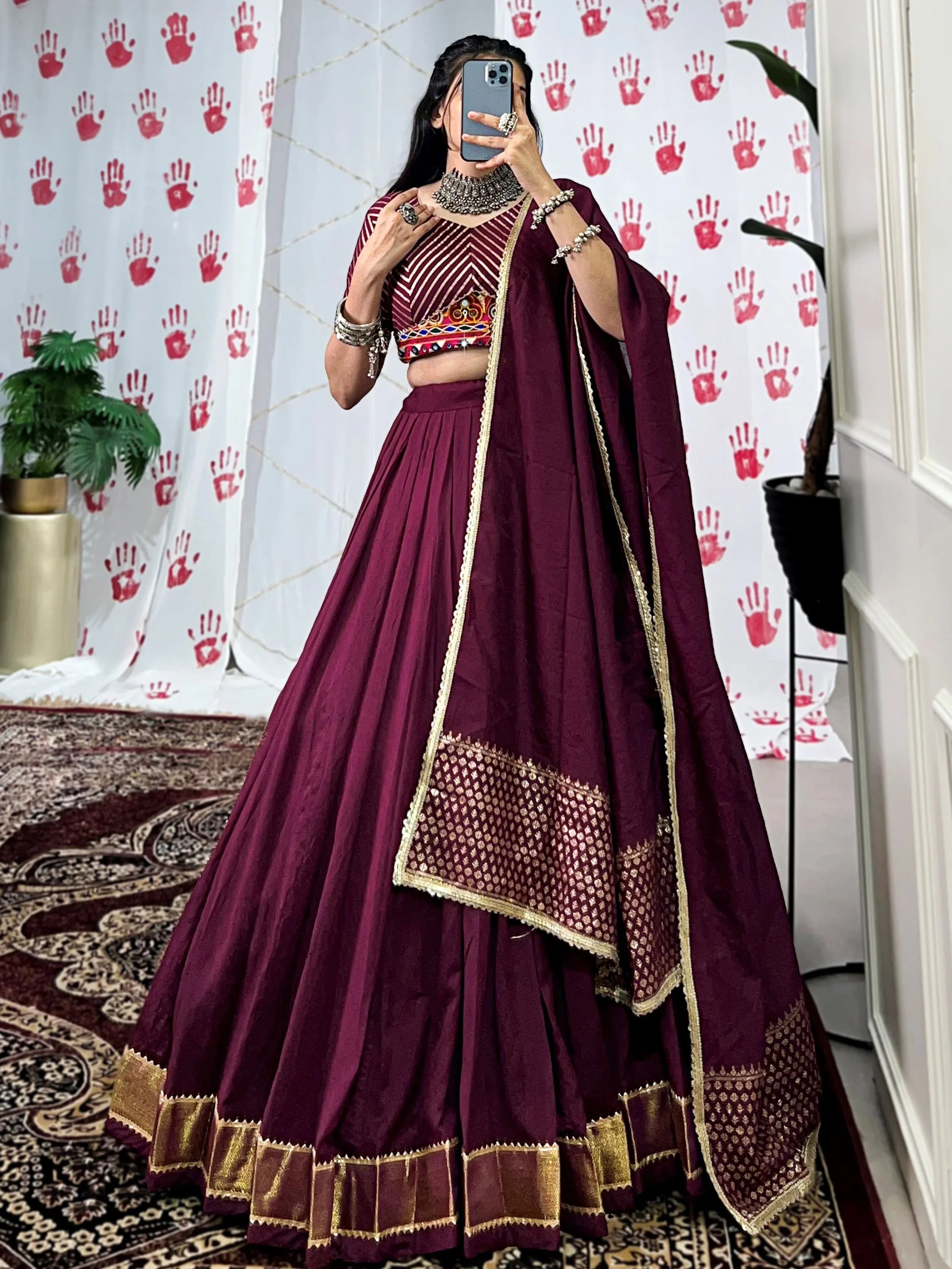 Wine Pure Chanderi Zari Weaving Mirror Gamthi Work Lehenga Choli